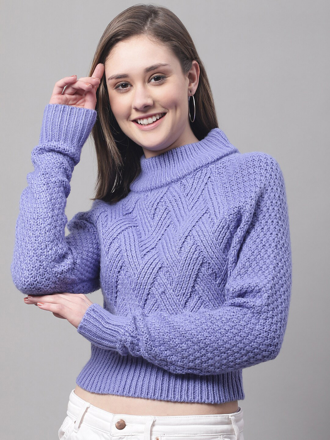 

NoBarr Women Turtle Neck Self Design Cable Knit Pullover, Purple
