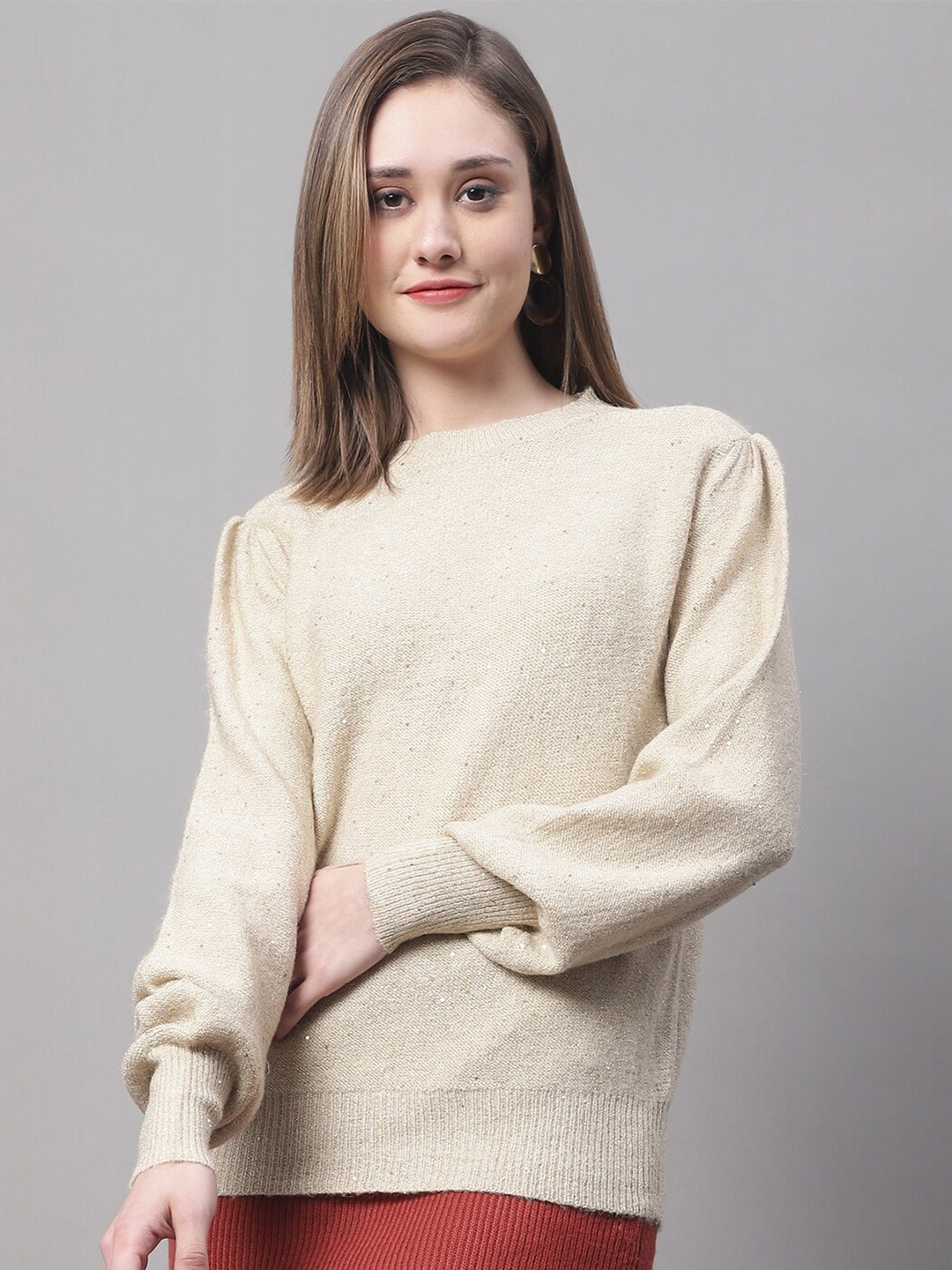 

NoBarr Women Round Neck Puff Sleeves Acrylic Pullover, Cream