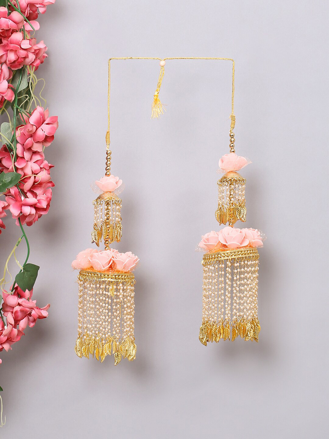 

VIRAASI 2-Pcs Gold-Plated Pearl-Beaded Kaleeras, Peach