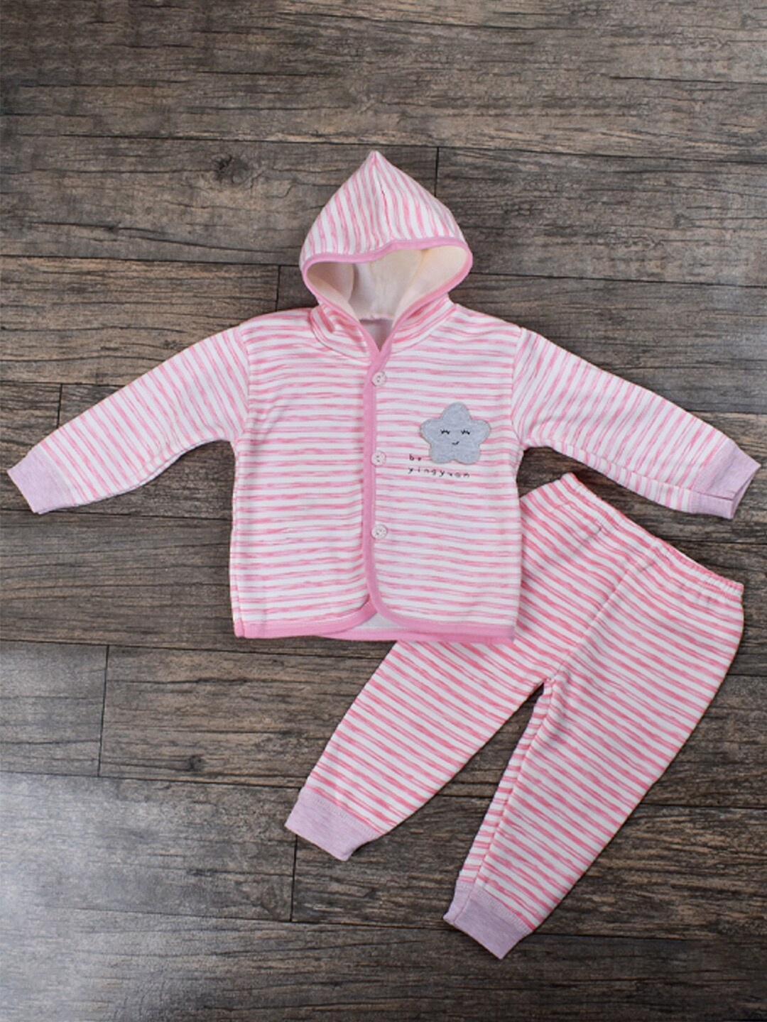 

Moms Home Infants Striped Hooded Cotton Shirt with Pyjama, Pink