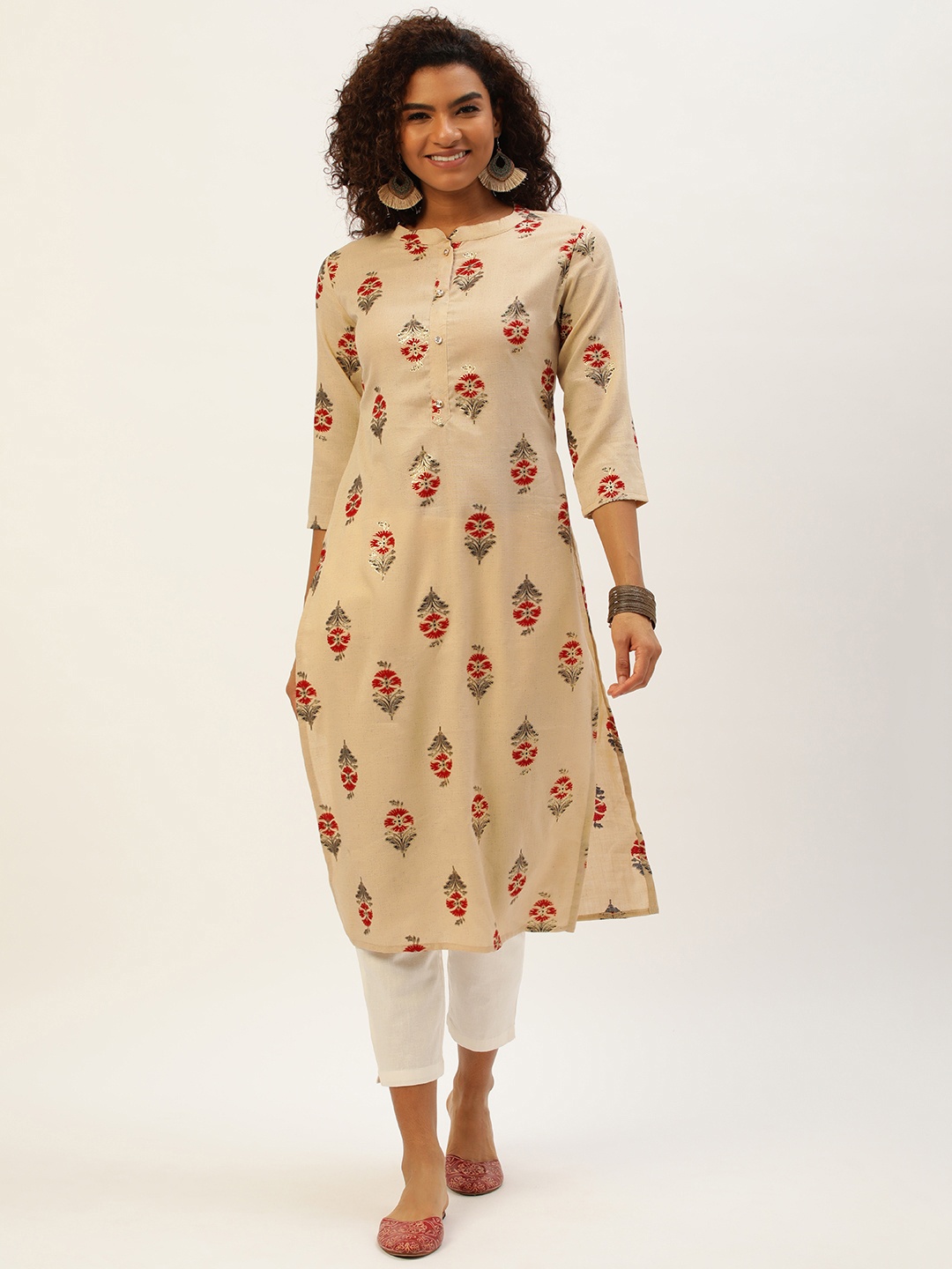 

SWAGG INDIA Ethnic Motifs Foil Print Viscose Rayon Straight Kurta, Beige