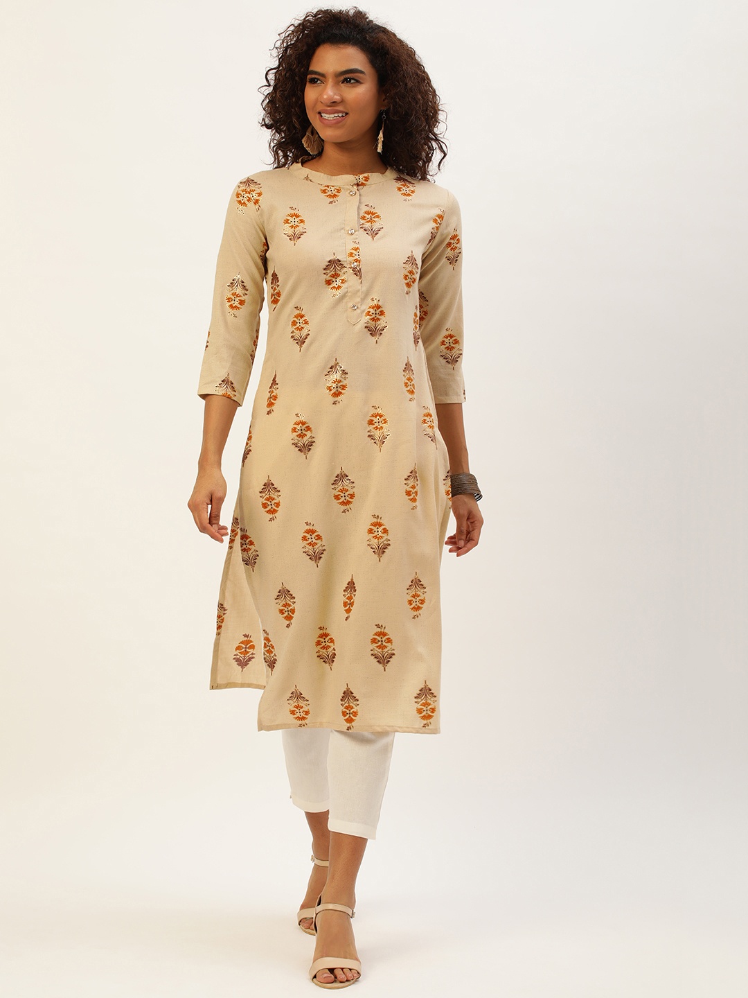 

SWAGG INDIA Ethnic Motifs Foil Print Viscose Rayon Straight Kurta, Beige
