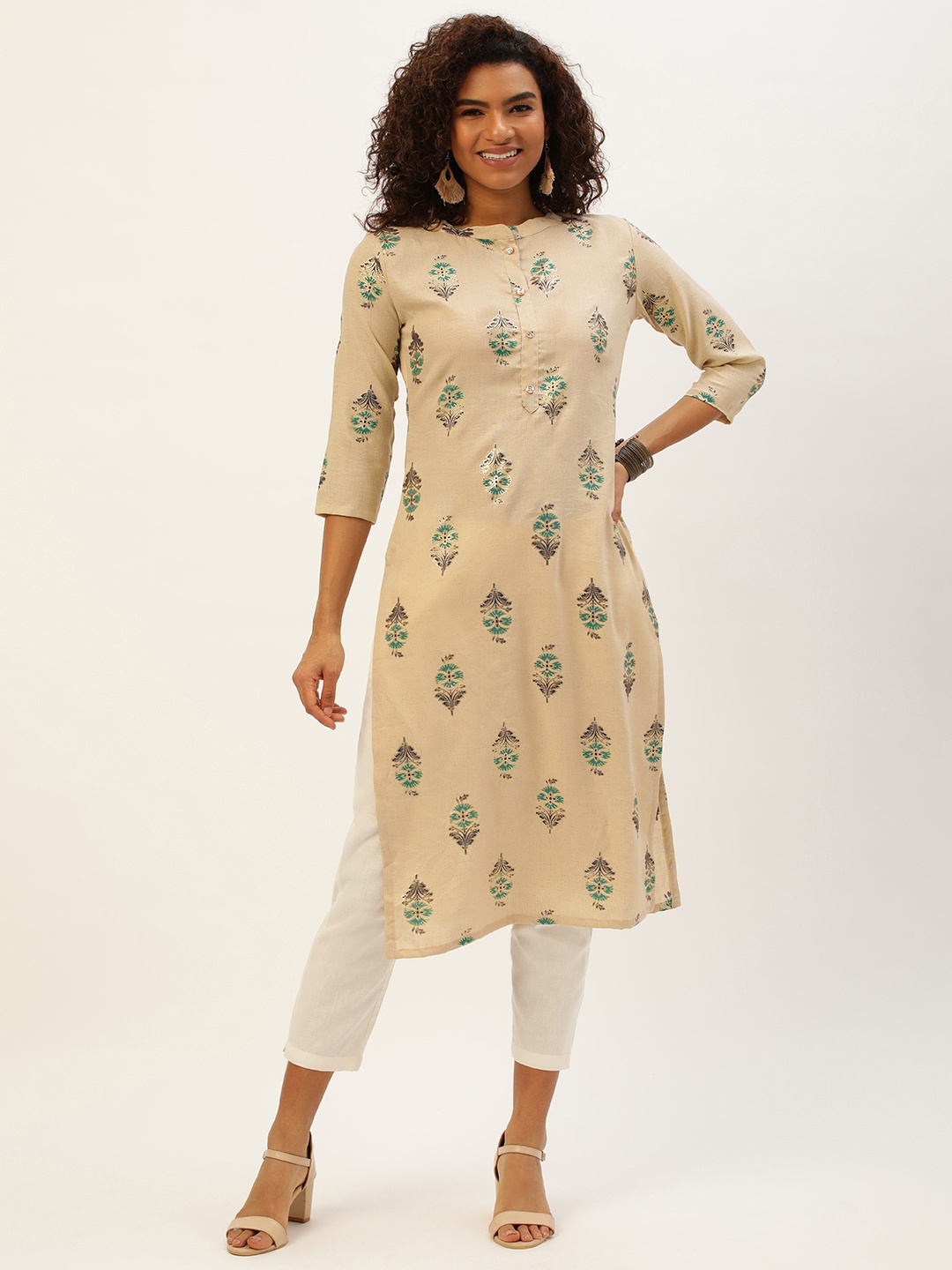 

SWAGG INDIA Ethnic Motifs Foil Print Viscose Rayon Straight Kurta, Beige