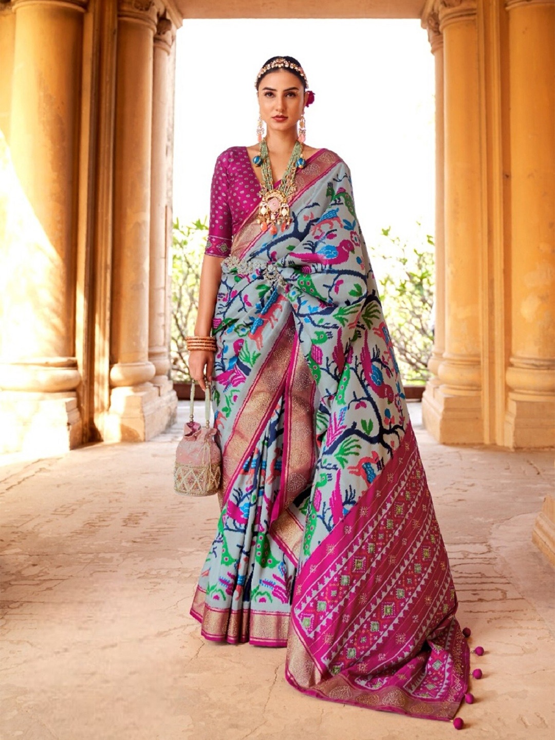 

Mitera Floral Zari Pure Silk Patola Saree, Grey