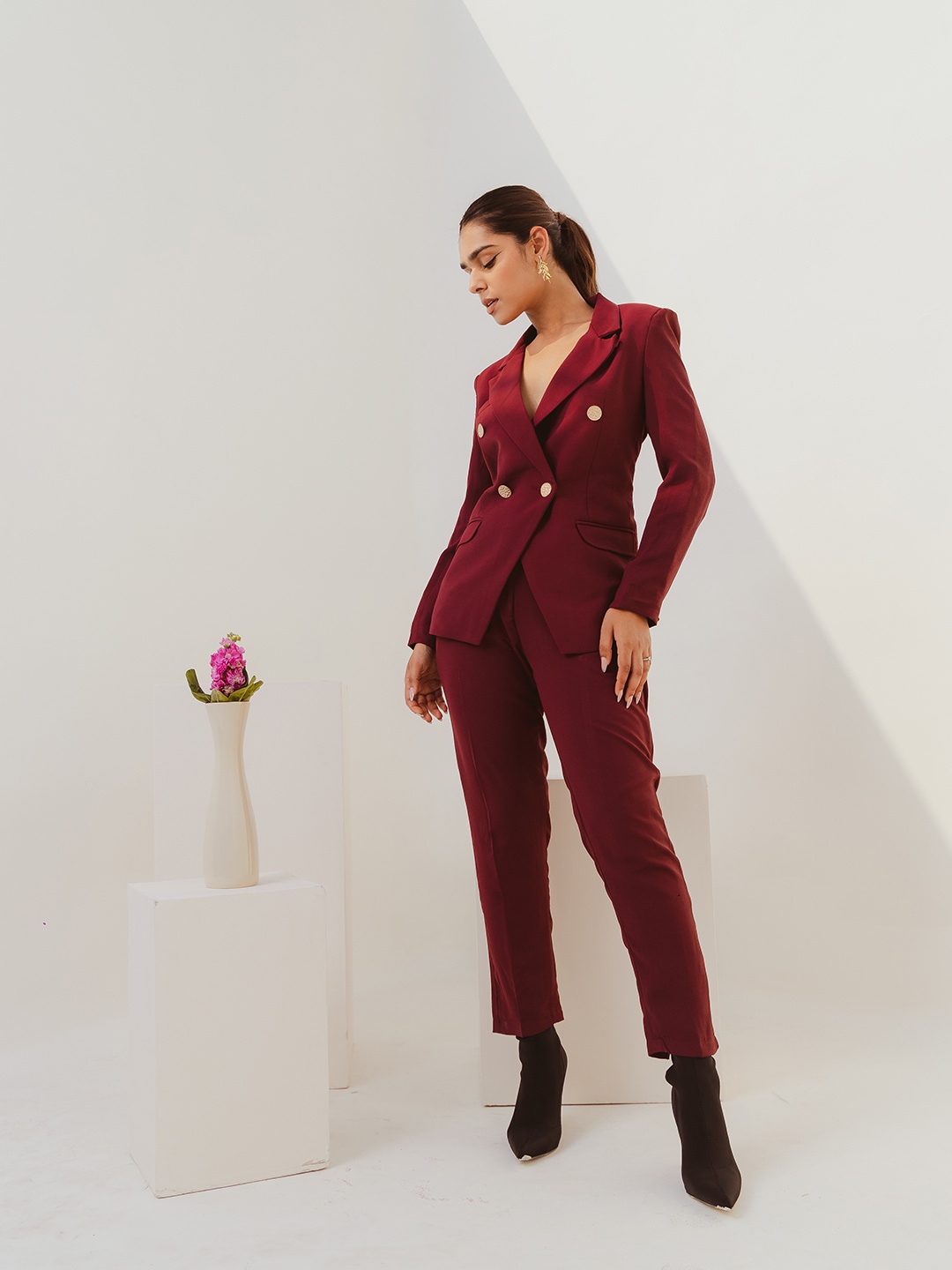 

Dlanxa Women Double-Breasted Two-Piece Suit, Burgundy