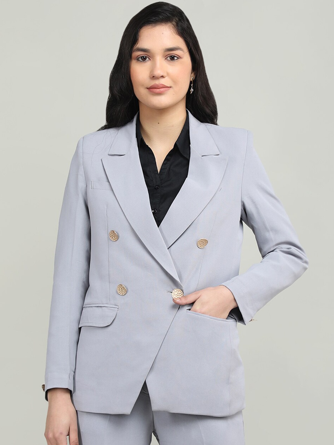 

Dlanxa Women Solid Double Breasted Blazer, Grey