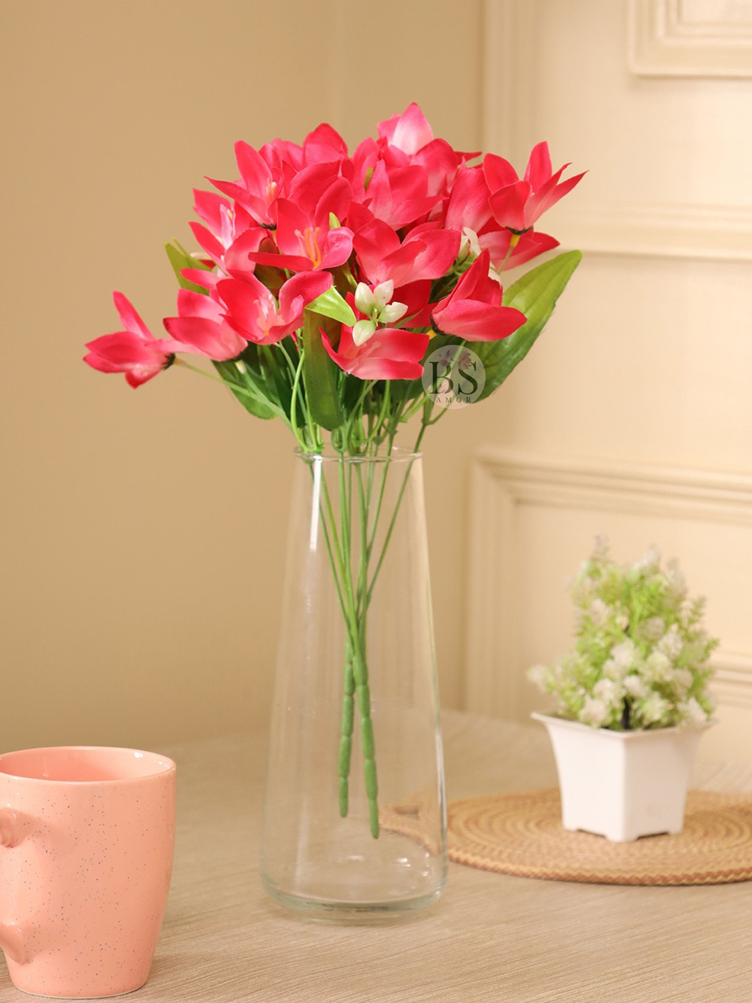 

BS AMOR Pink Lily Artificial Flower With Glass Vase