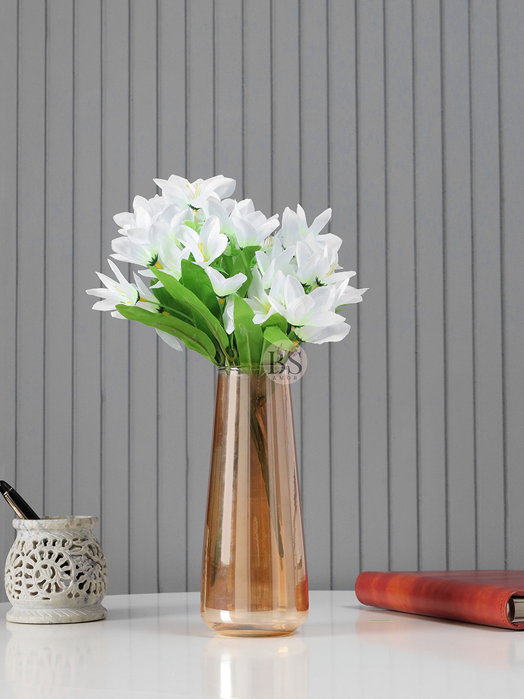 

BS AMOR White & Green Artificial Flower With Glass Vase