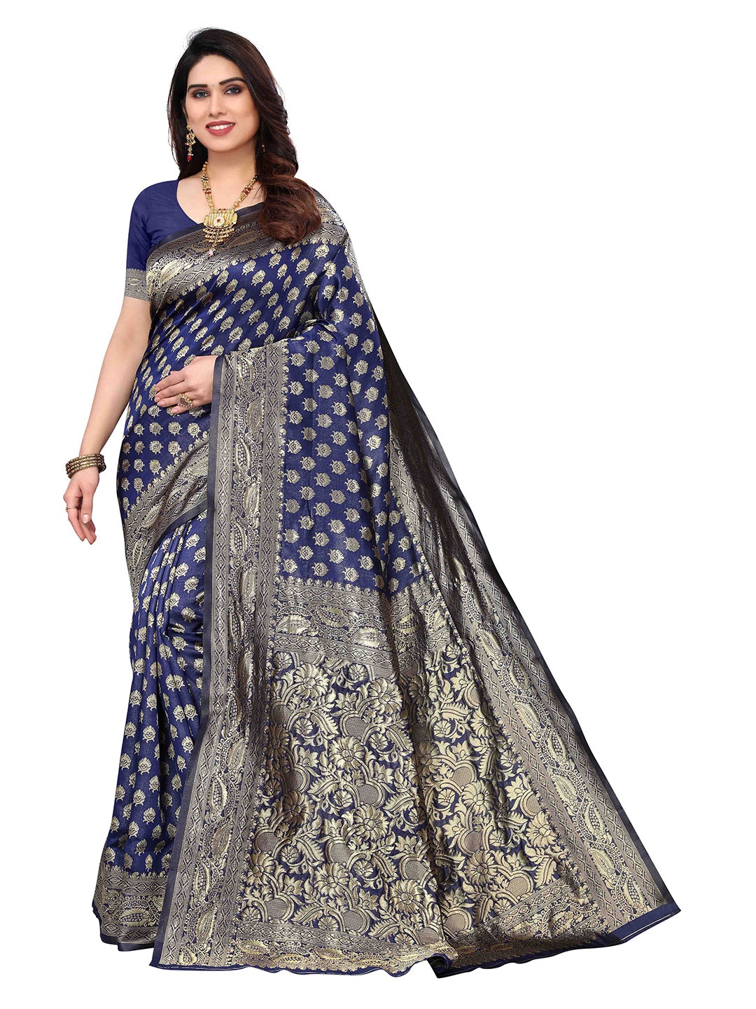 

Poshyaa Woven Design Zari Silk Blend Kanjeevaram Saree, Blue