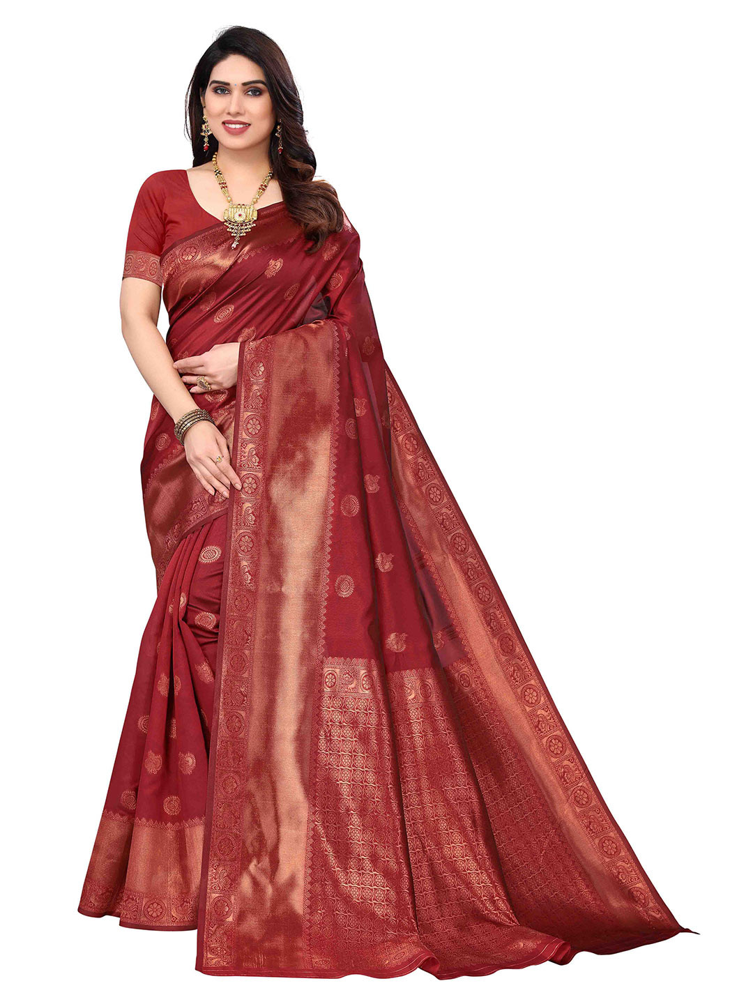 

Poshyaa Ethnic Motifs Zari Silk Blend Kanjeevaram Saree, Brown