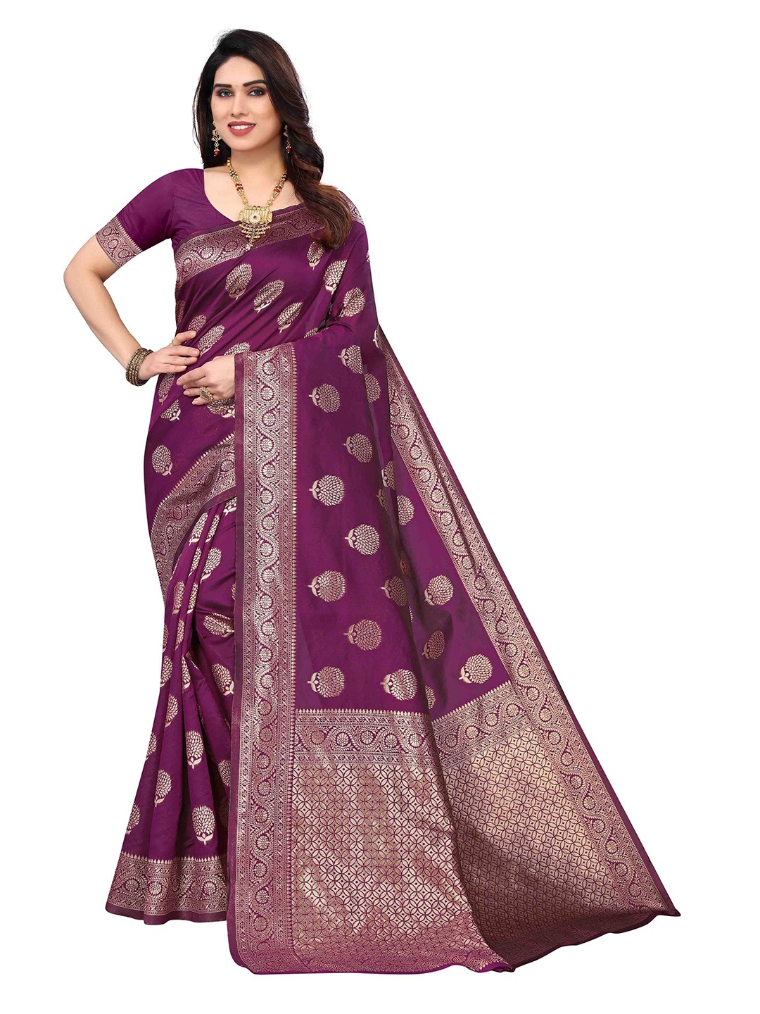 

Poshyaa Woven Design Zari Silk Blend Kanjeevaram Saree, Purple