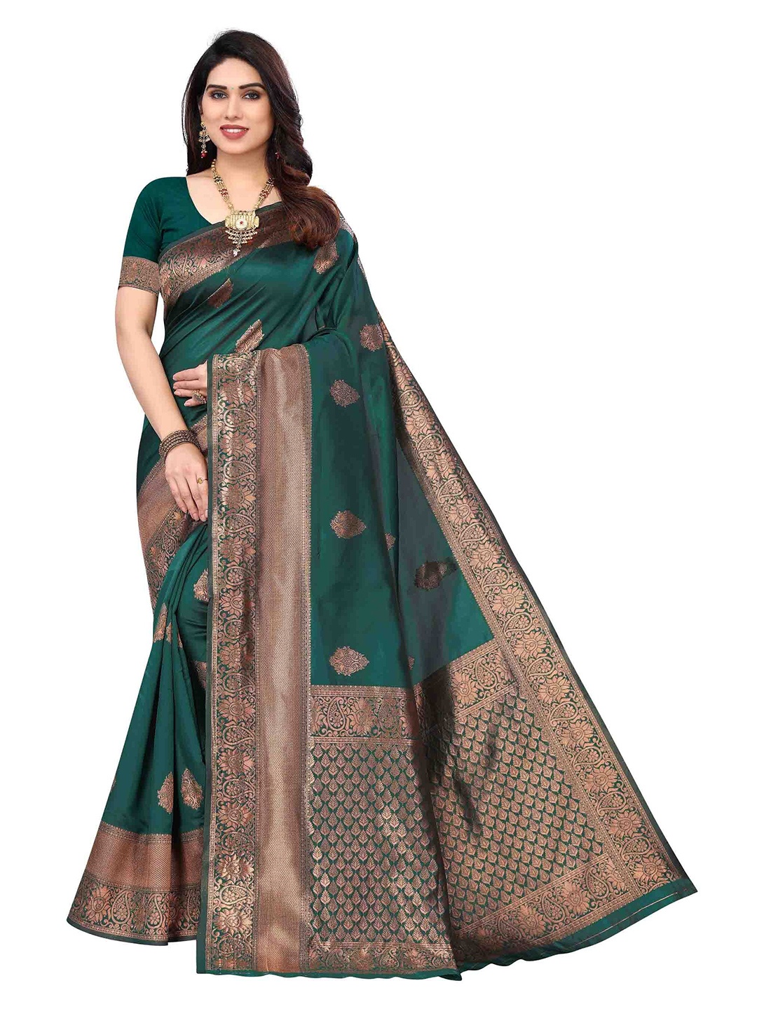 

Poshyaa Ethnic Motifs Zari Silk Blend Kanjeevaram Saree, Green