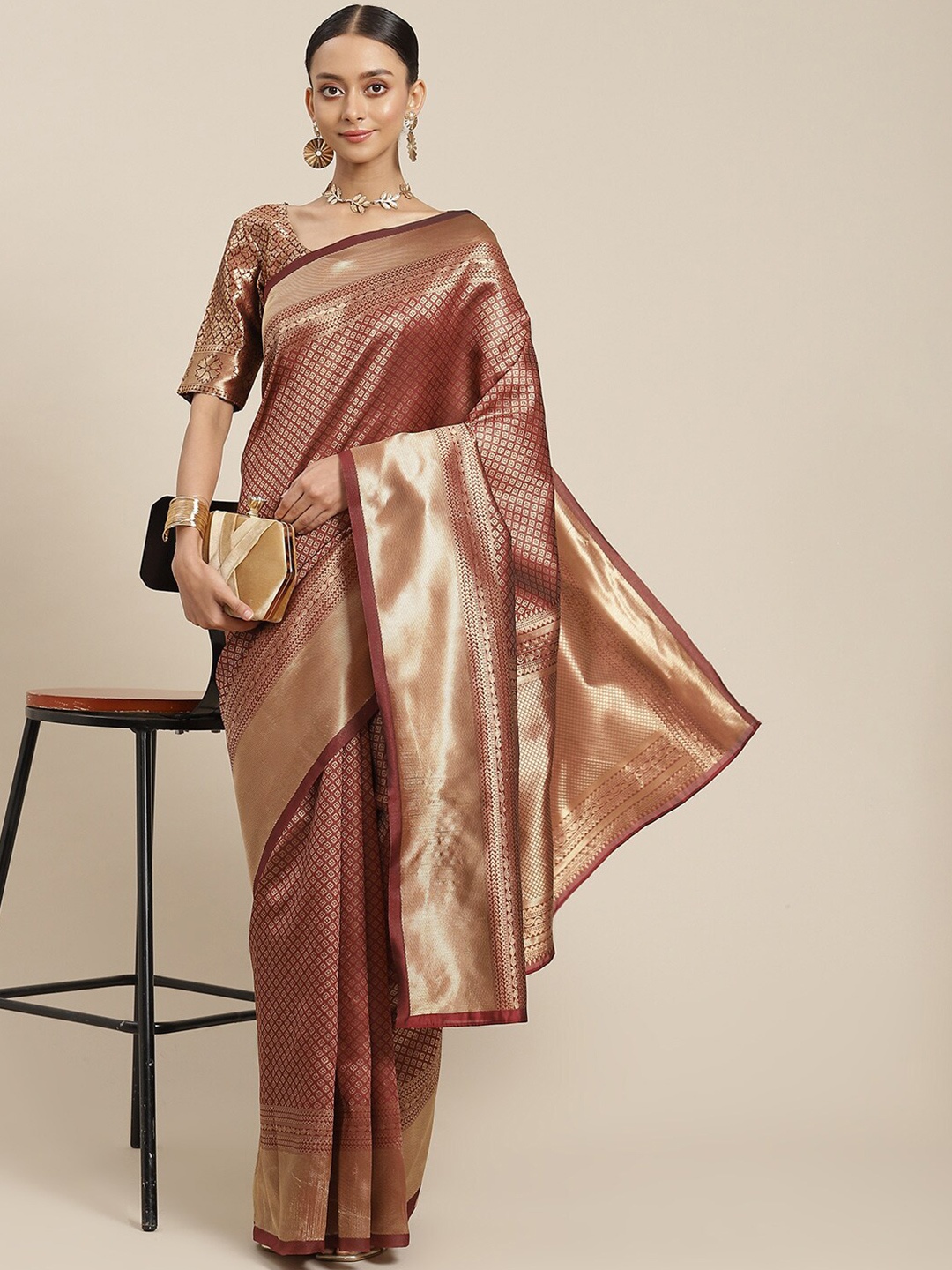 

Poshyaa Ethnic Motifs Zari Kanjeevaram Saree, Brown
