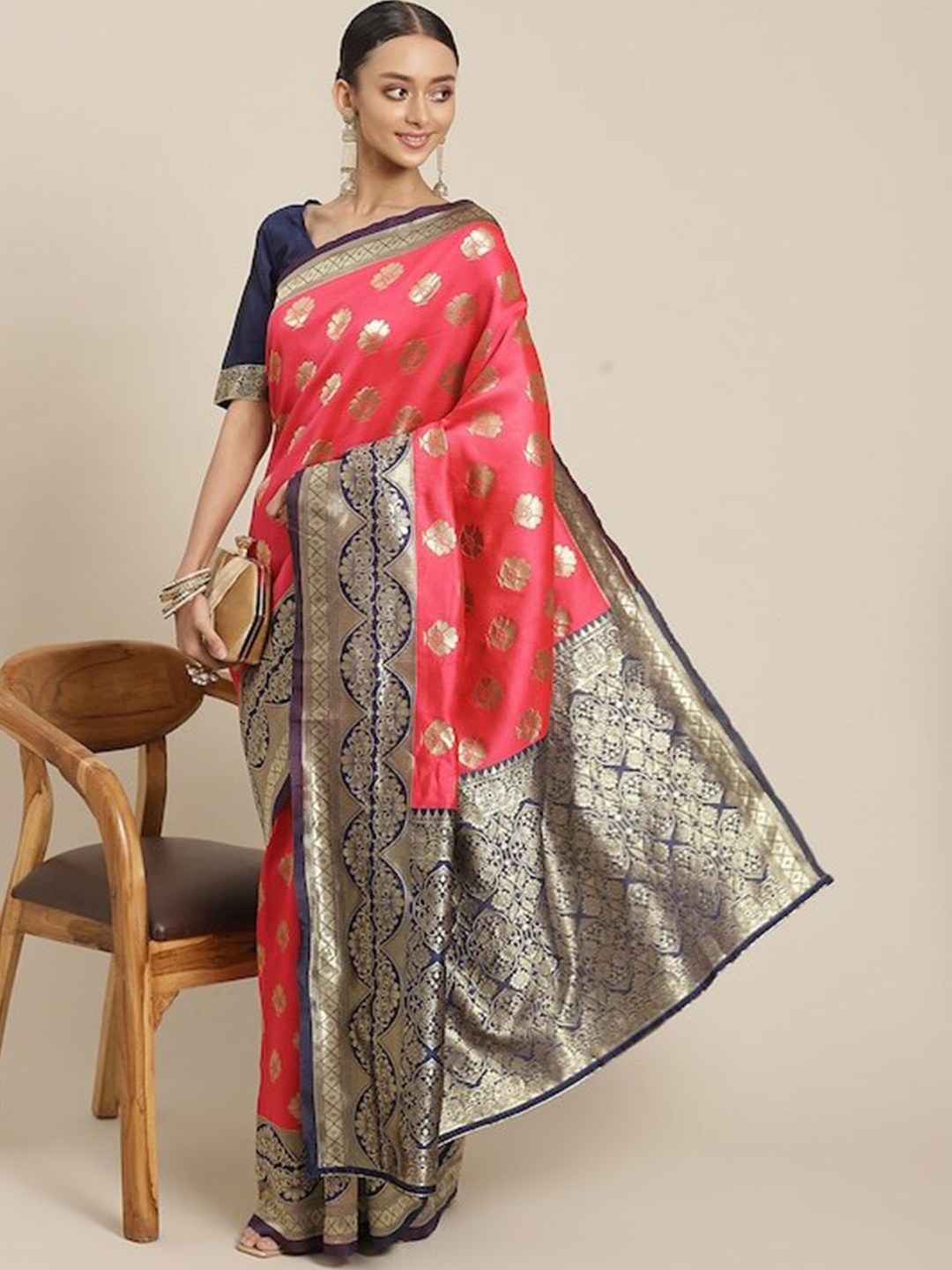 

Poshyaa Woven Design Zari Silk Blend Kanjeevaram Saree, Peach
