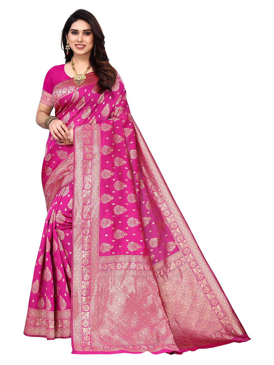 

Poshyaa Woven Design Zari Silk Blend Kanjeevaram Saree, Pink