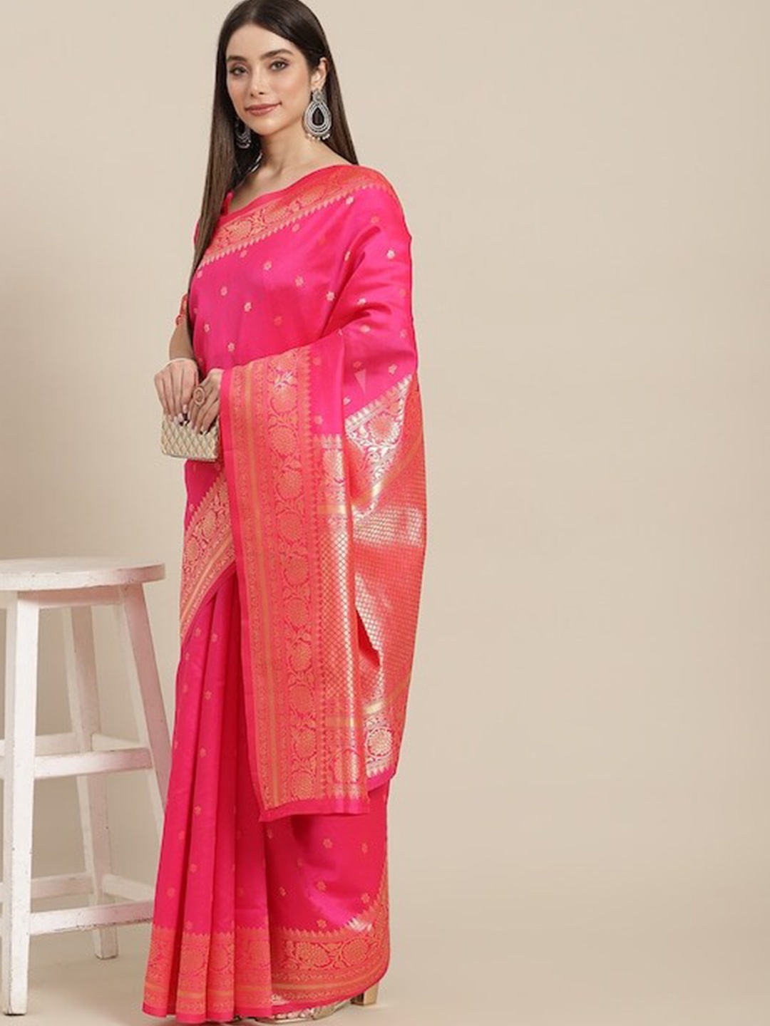 

Poshyaa Woven Design Zari Silk Blend Kanjeevaram Saree, Pink