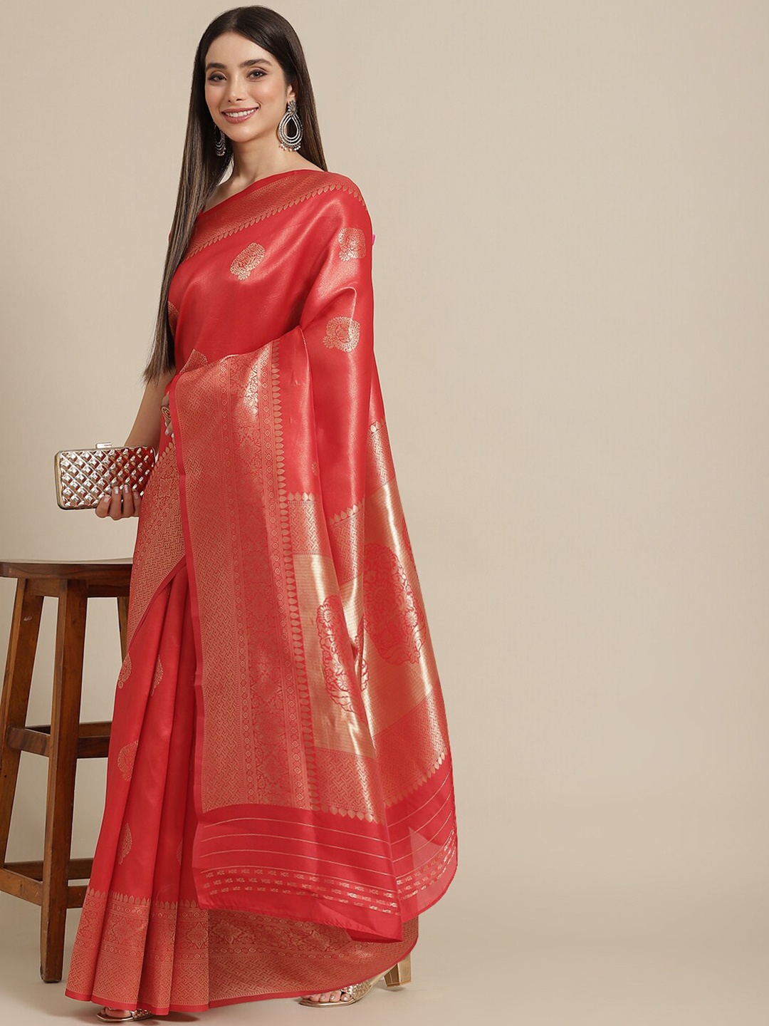 

Poshyaa Woven Design Zari Silk Blend Kanjeevaram Saree, Red