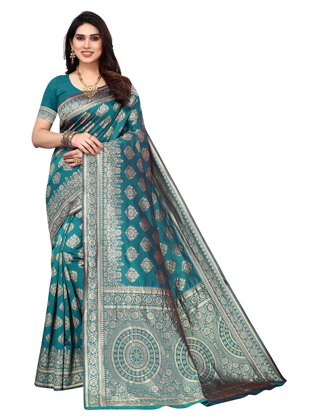 

Poshyaa Woven Design Zari Silk Blend Kanjeevaram Saree, Turquoise blue