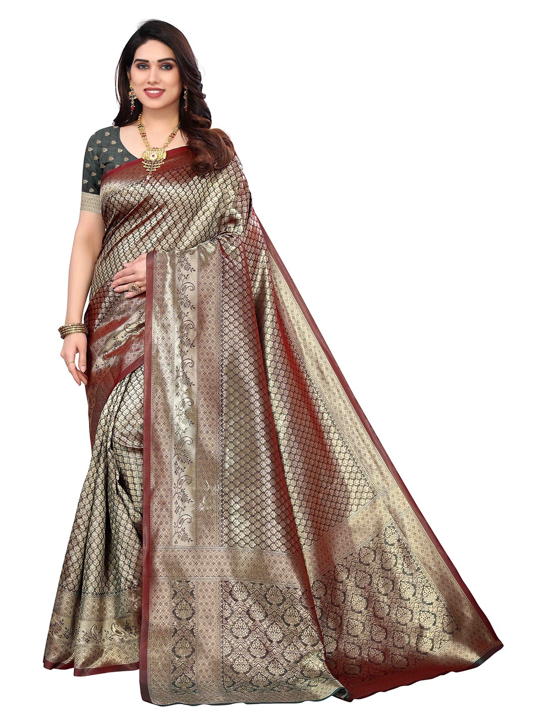 

Poshyaa Ethnic Motifs Zari Silk Blend Kanjeevaram Saree, Brown