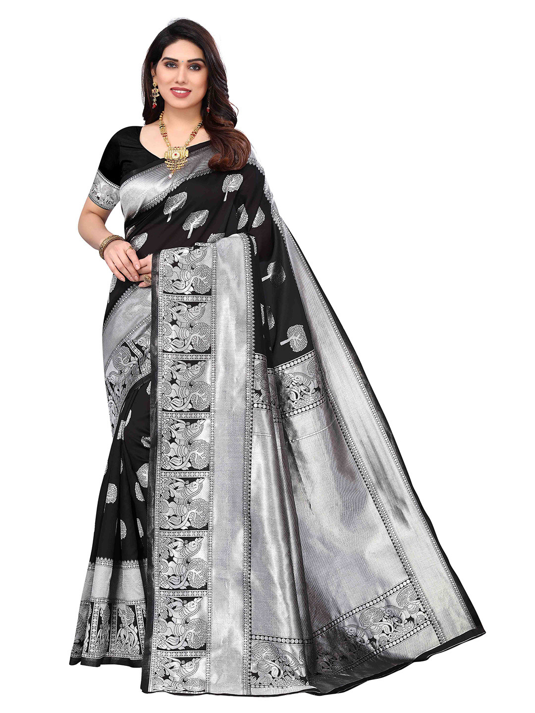

Poshyaa Woven Design Zari Kanjeevaram Saree, Black