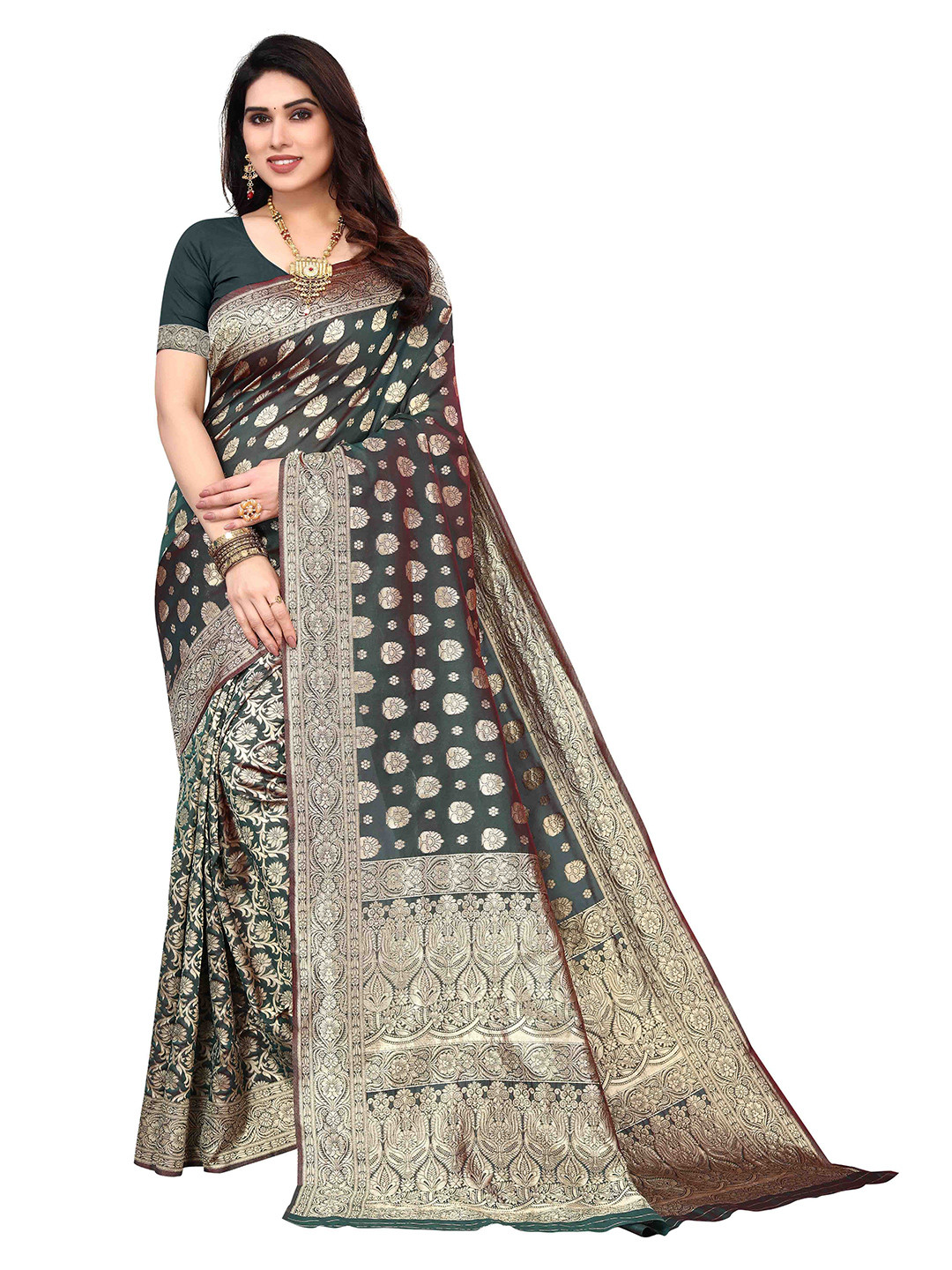 

Poshyaa Woven Design Zari Kanjeevaram Saree, Green