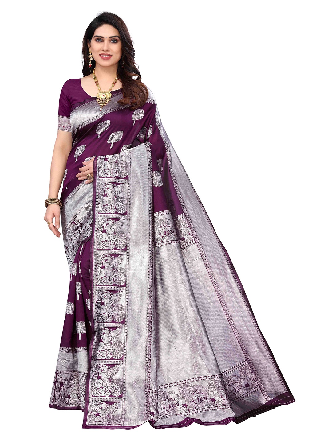 

Poshyaa Ethnic Motifs Zari Silk Blend Kanjeevaram Saree, Purple