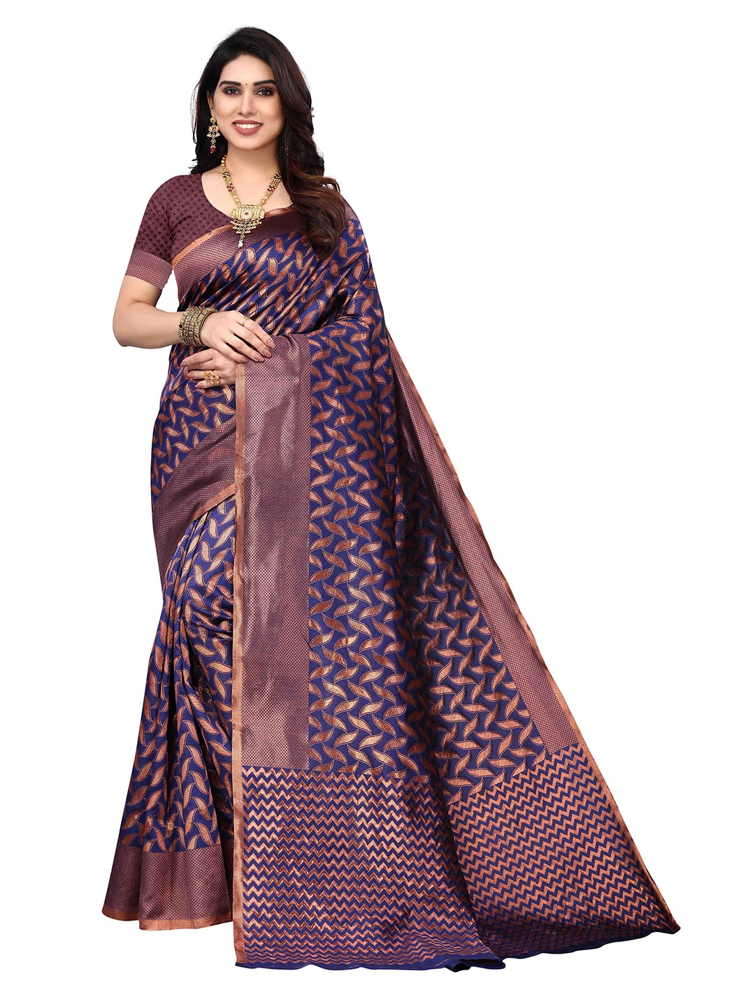 

Poshyaa Woven Design Zari Silk Blend Kanjeevaram Saree, Blue