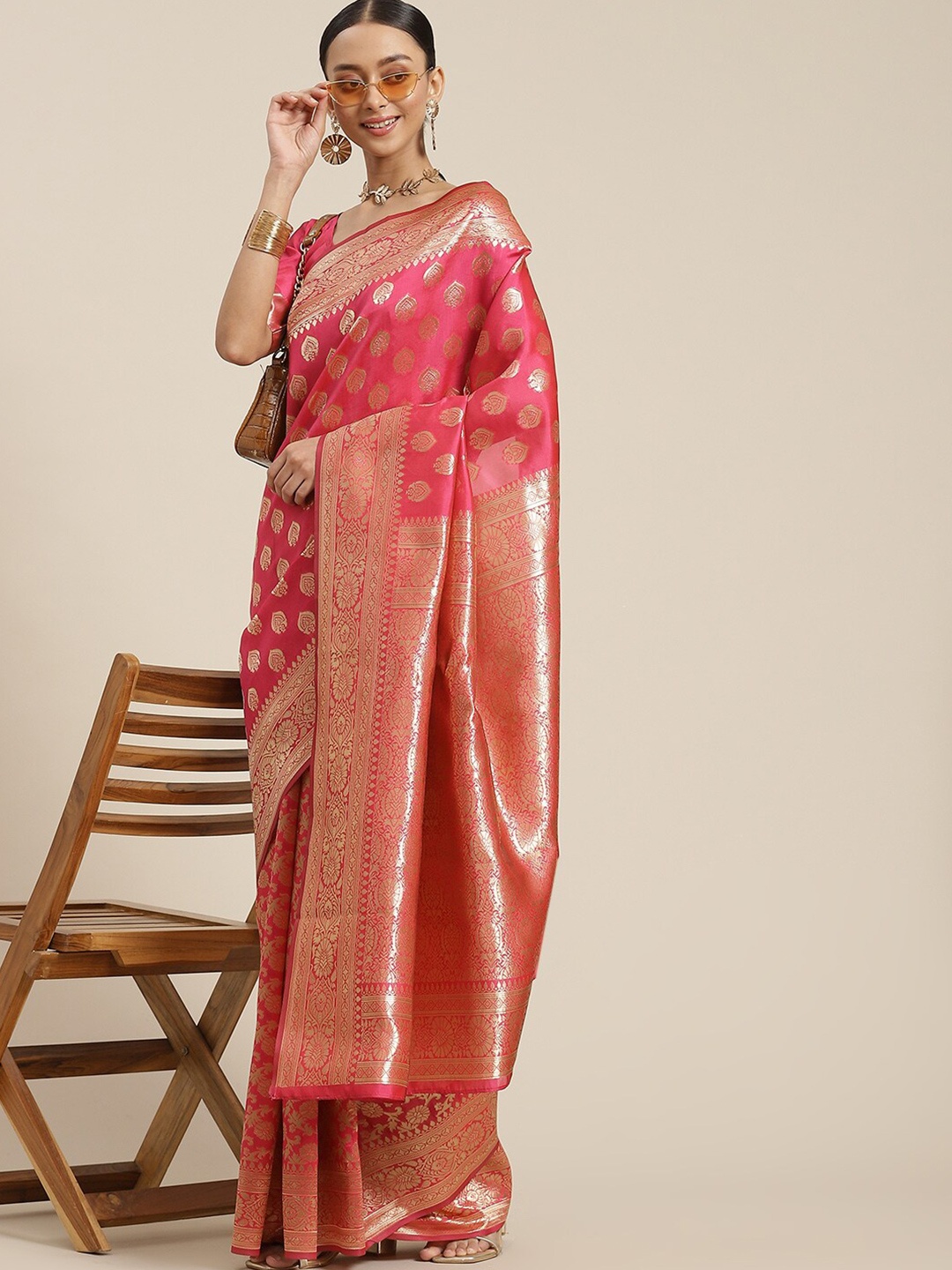 

Poshyaa Woven Design Zari Kanjeevaram Saree, Pink