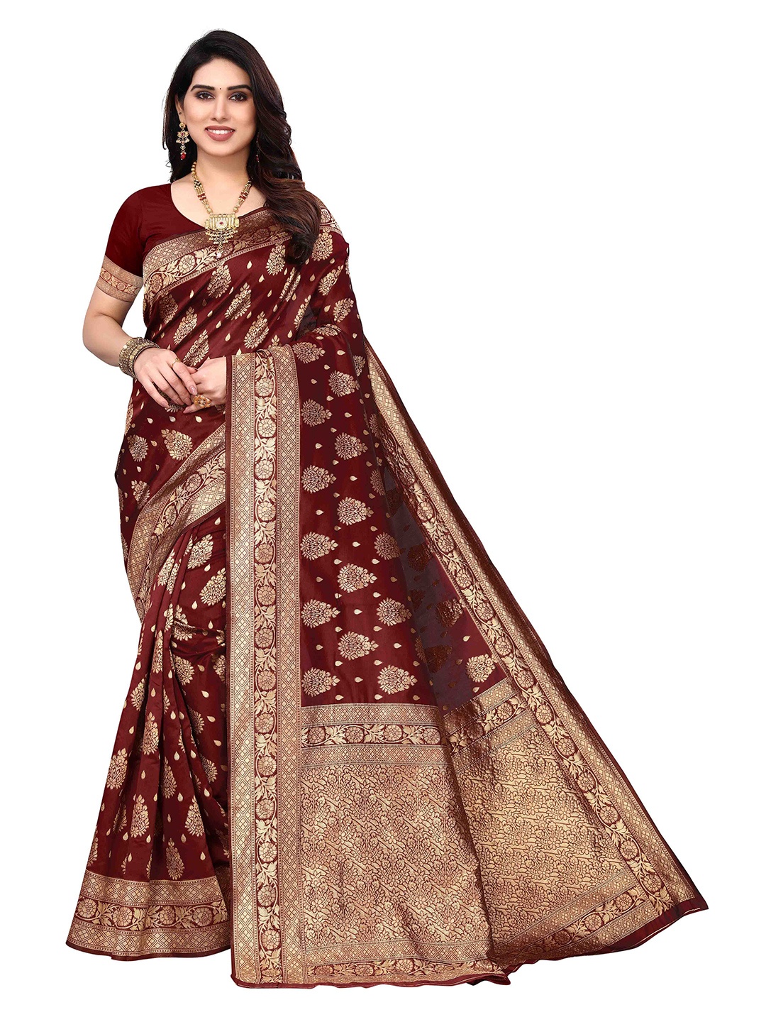 

Poshyaa Woven Design Zari Silk Blend Kanjeevaram Saree, Maroon