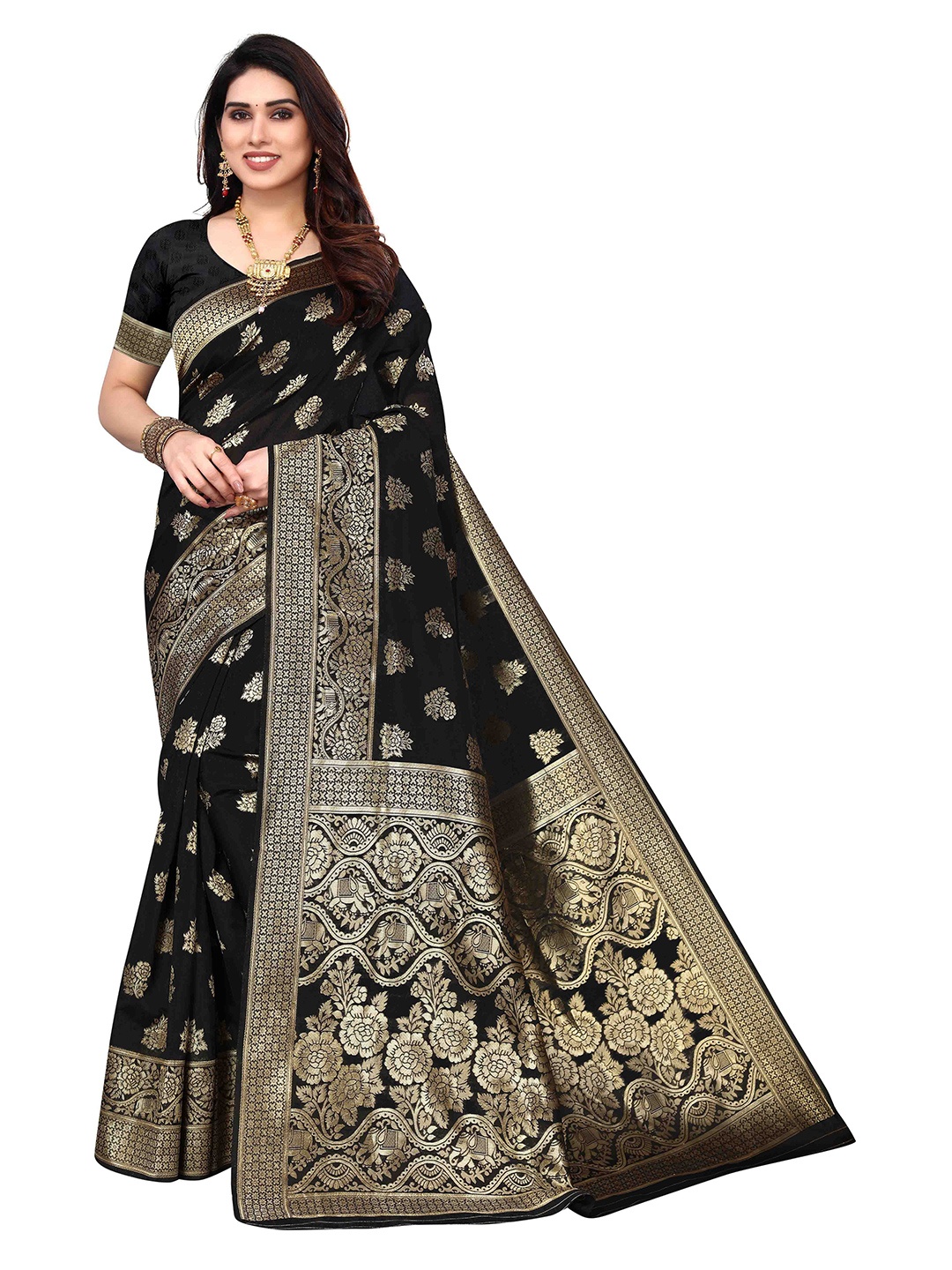 

Poshyaa Woven Design Zari Silk Blend Kanjeevaram Saree, Black