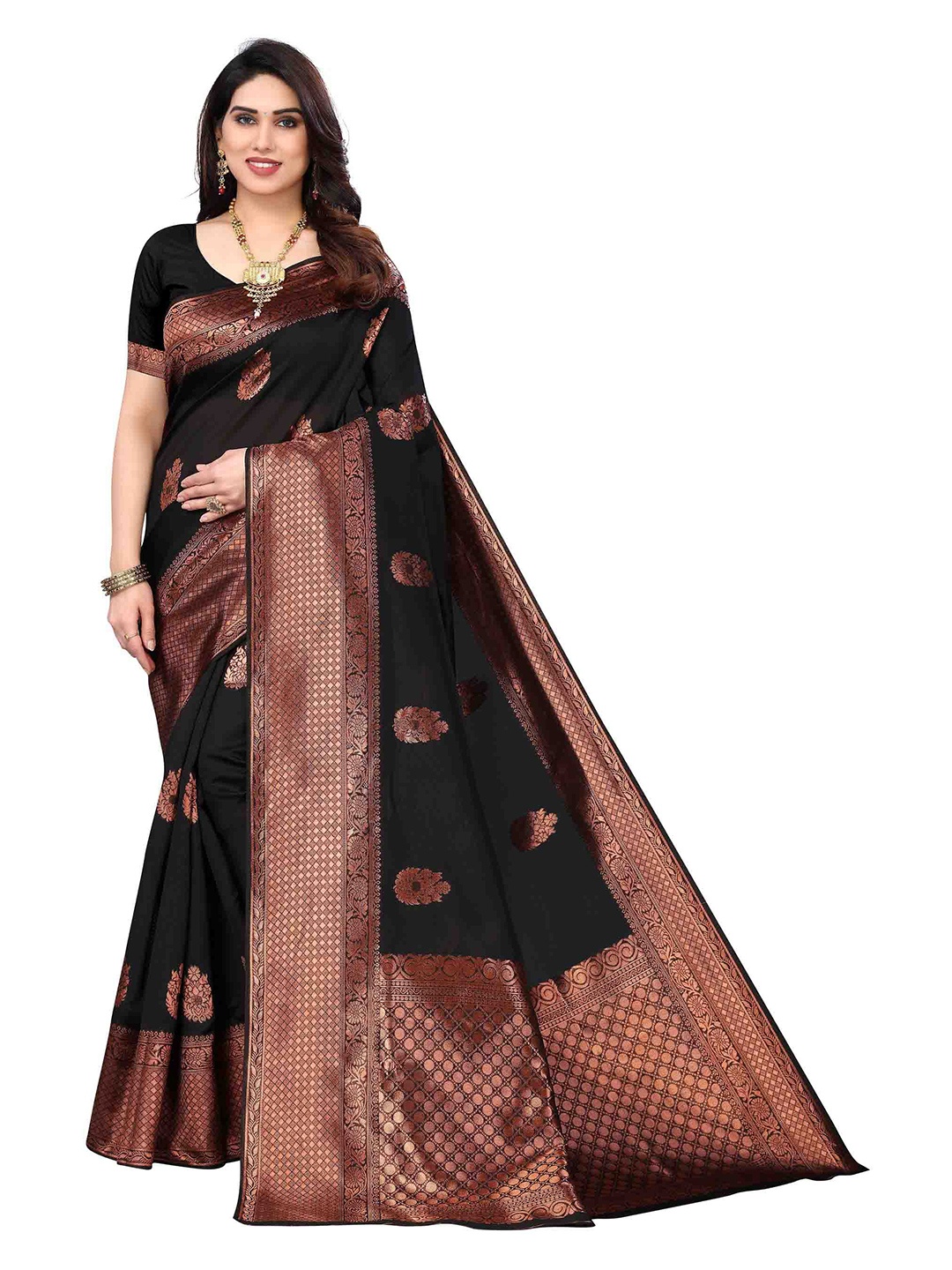 

Poshyaa Woven Design Zari Silk Blend Kanjeevaram Saree, Black