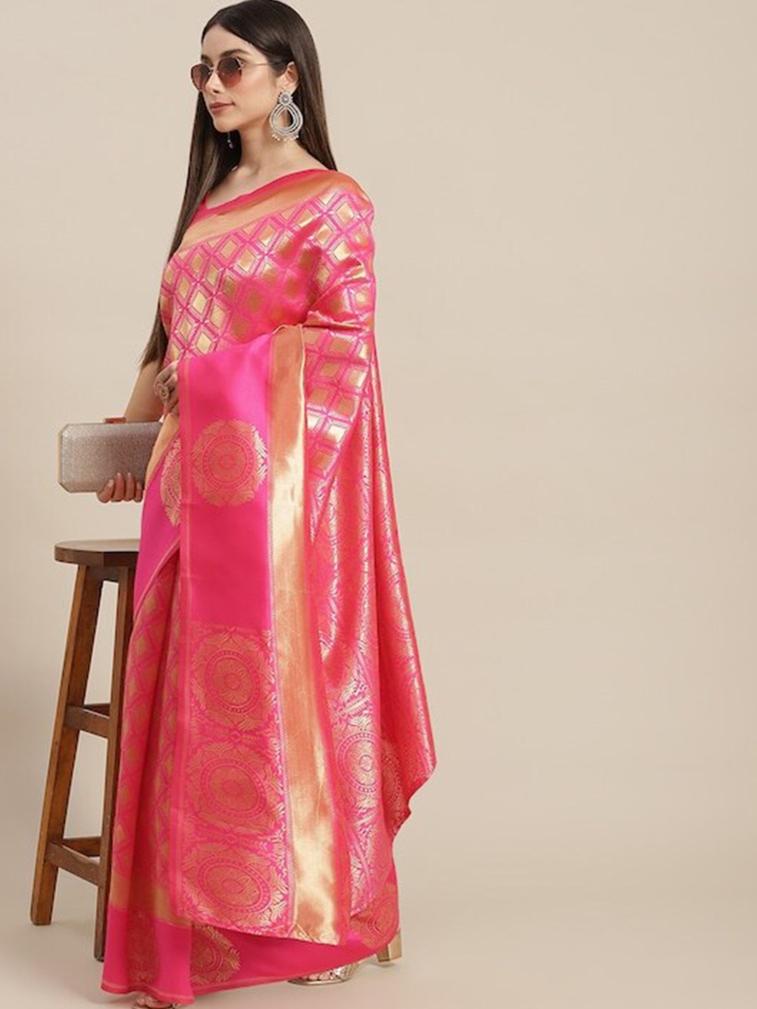 

Poshyaa Woven Design Zari Silk Blend Kanjeevaram Saree, Pink