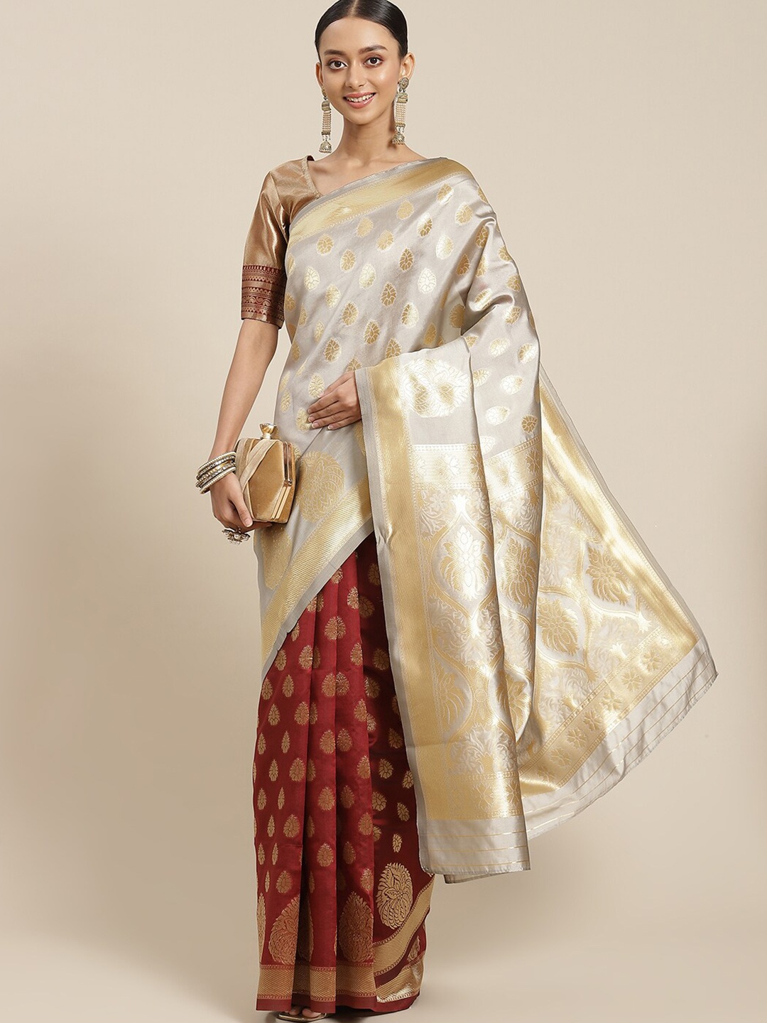 

Poshyaa Woven Design Zari Silk Blend Kanjeevaram Saree, Off white