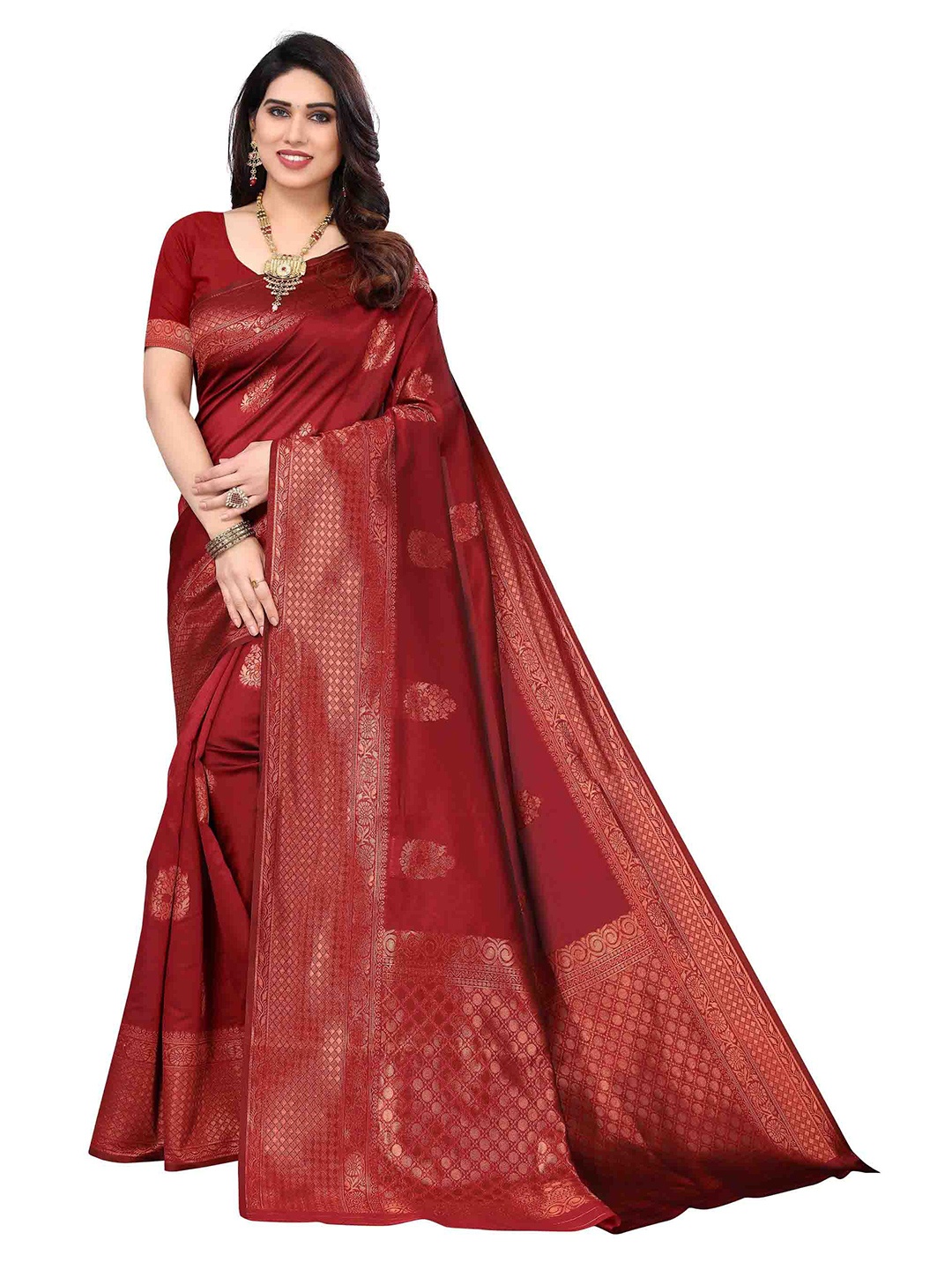 

Poshyaa Woven Design Zari Silk Blend Kanjeevaram Saree, Maroon