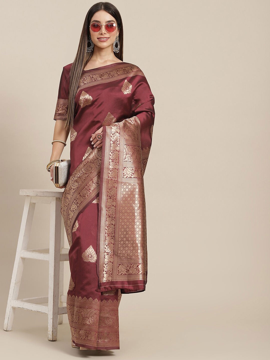 

Poshyaa Woven Design Zari Silk Blend Kanjeevaram Saree, Maroon