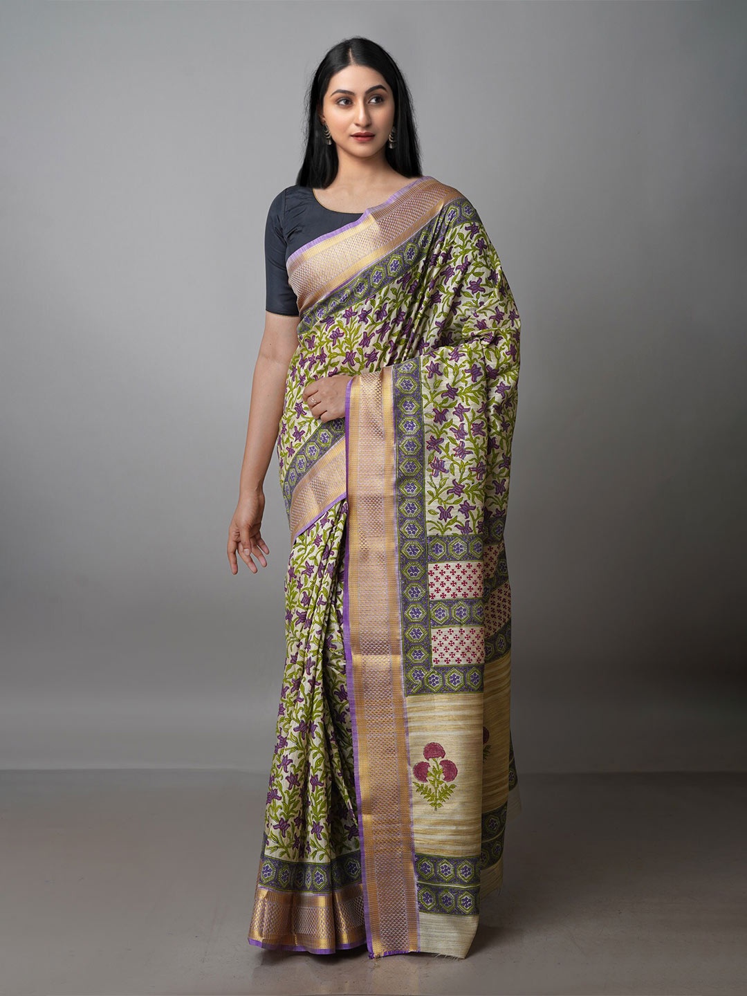 

Unnati Silks Ethnic Motifs Zari Pure Silk Handloom Tussar Saree, Cream