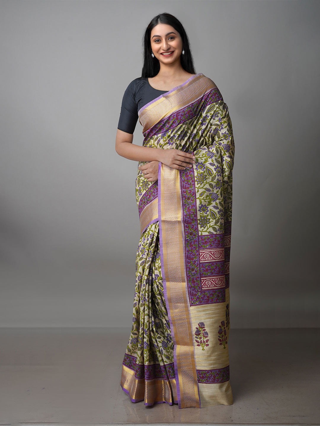 

Unnati Silks Ethnic Motifs Zari Pure Silk Tussar Saree, Cream