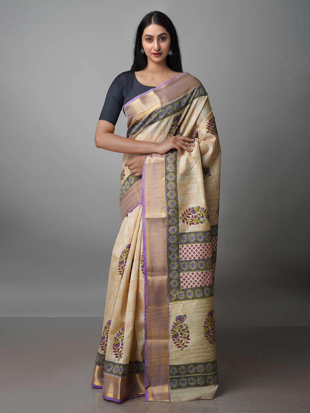 

Unnati Silks Ethnic Motifs Zari Pure Silk Handloom Tussar Saree, Cream