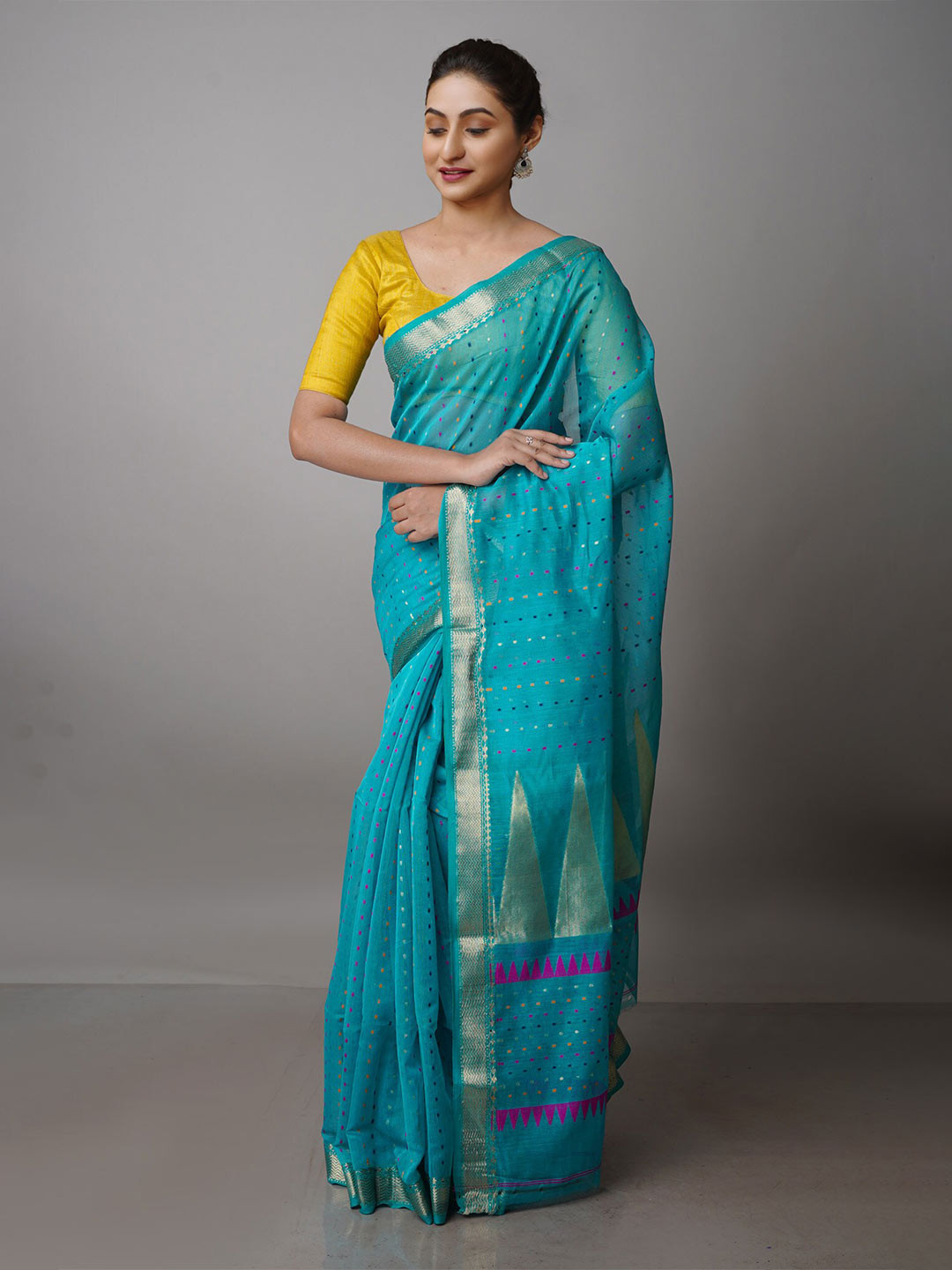 

Unnati Silks Woven Design Zari Silk Cotton Handloom Jamdani Saree, Sea green