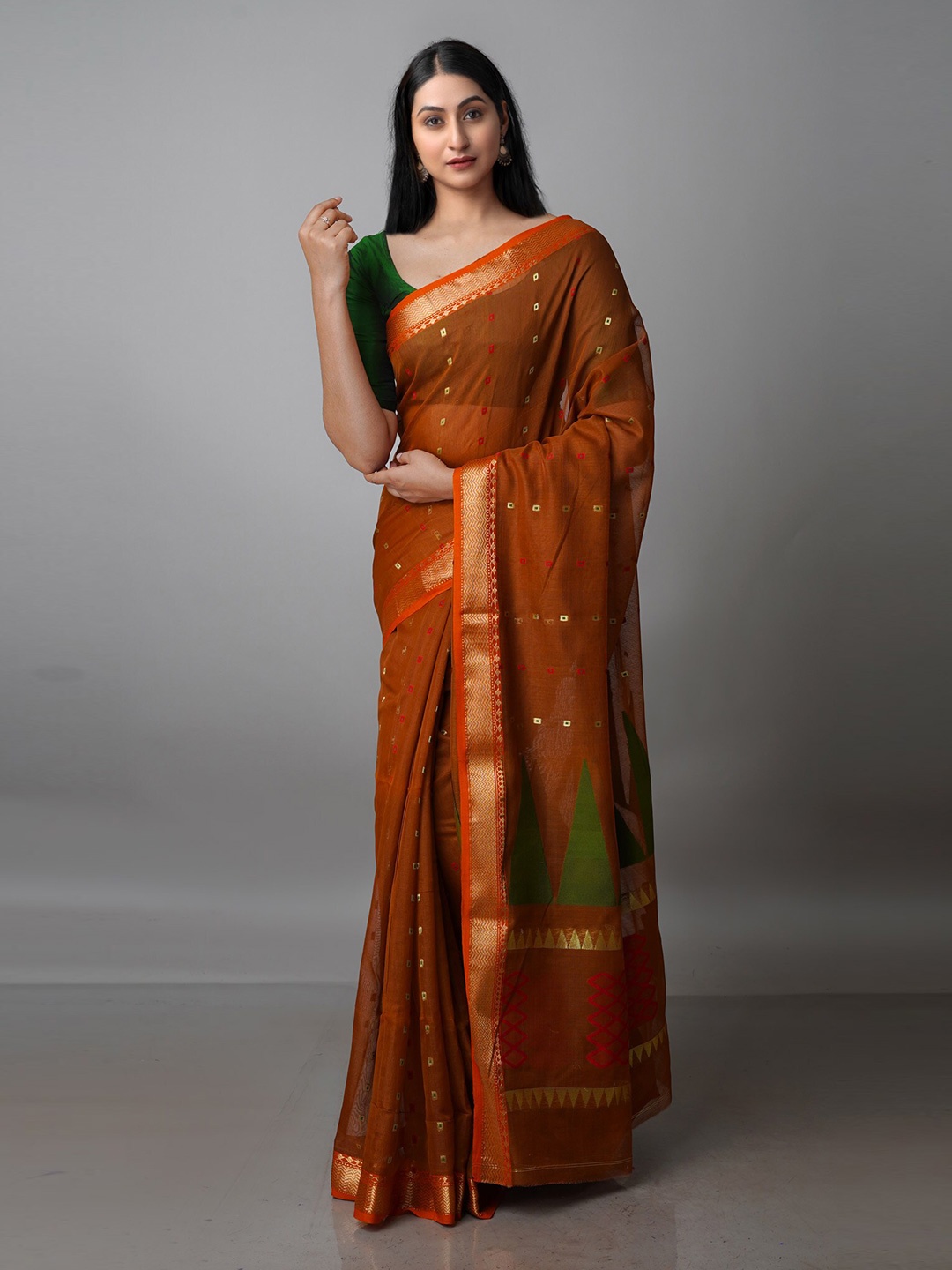 

Unnati Silks Woven Design Zari Silk Cotton Handloom Jamdani Saree, Orange