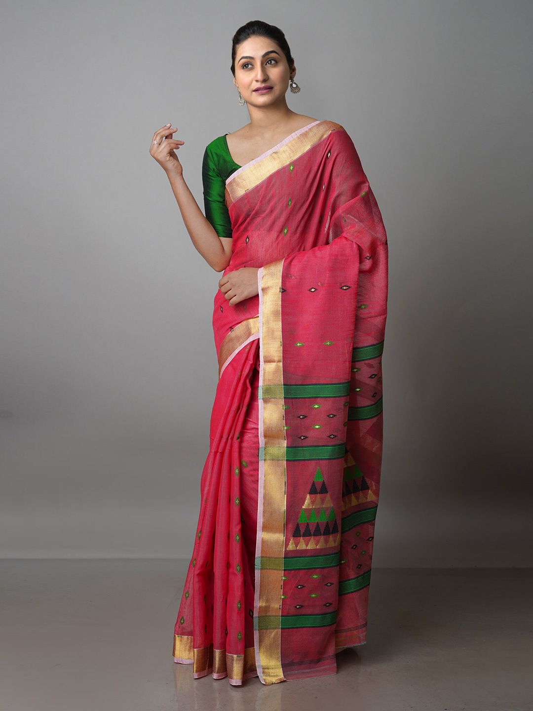 

Unnati Silks Woven Design Zari Silk Cotton Handloom Jamdani Saree, Pink