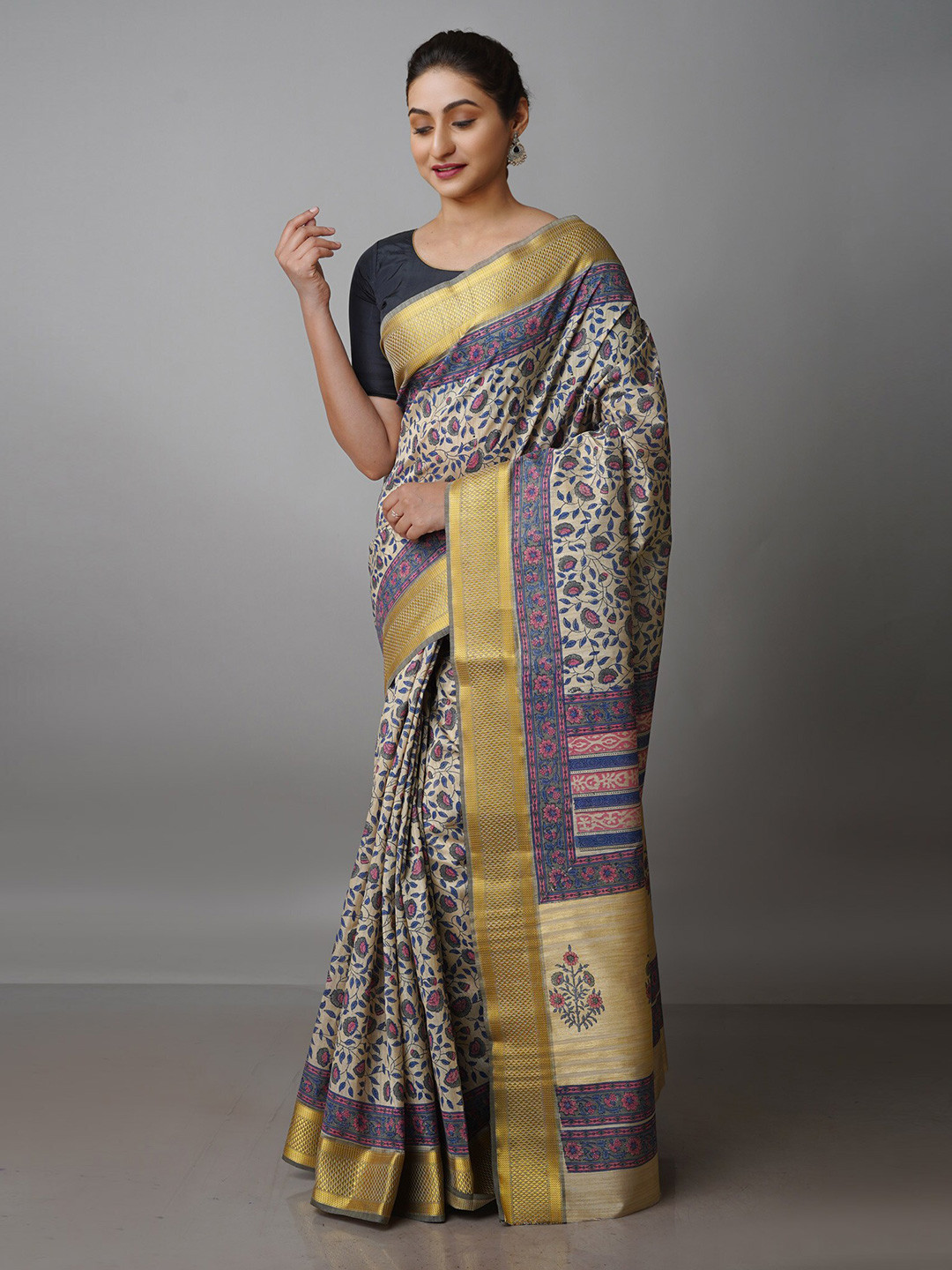 

Unnati Silks Ethnic Motifs Zari Pure Silk Handloom Tussar Saree, Cream