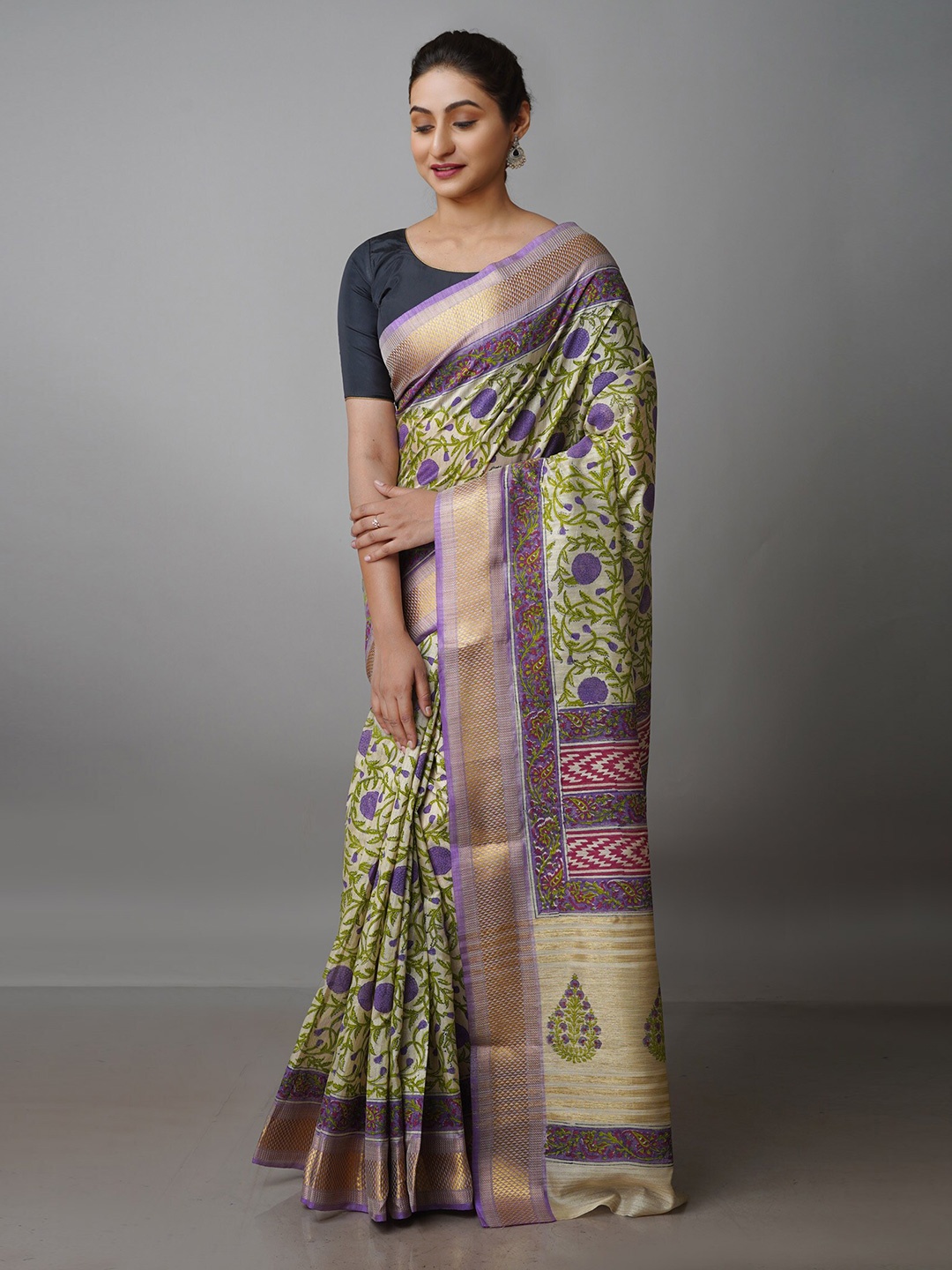 

Unnati Silks Ethnic Motifs Zari Pure Silk Handloom Tussar Saree, Cream