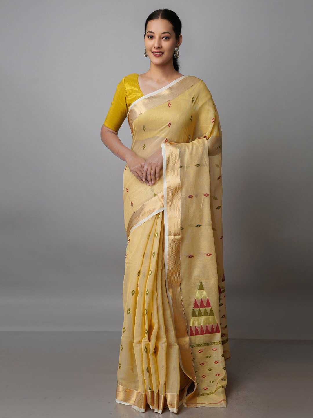 

Unnati Silks Woven Design Zari Silk Cotton Handloom Jamdani Saree, Beige