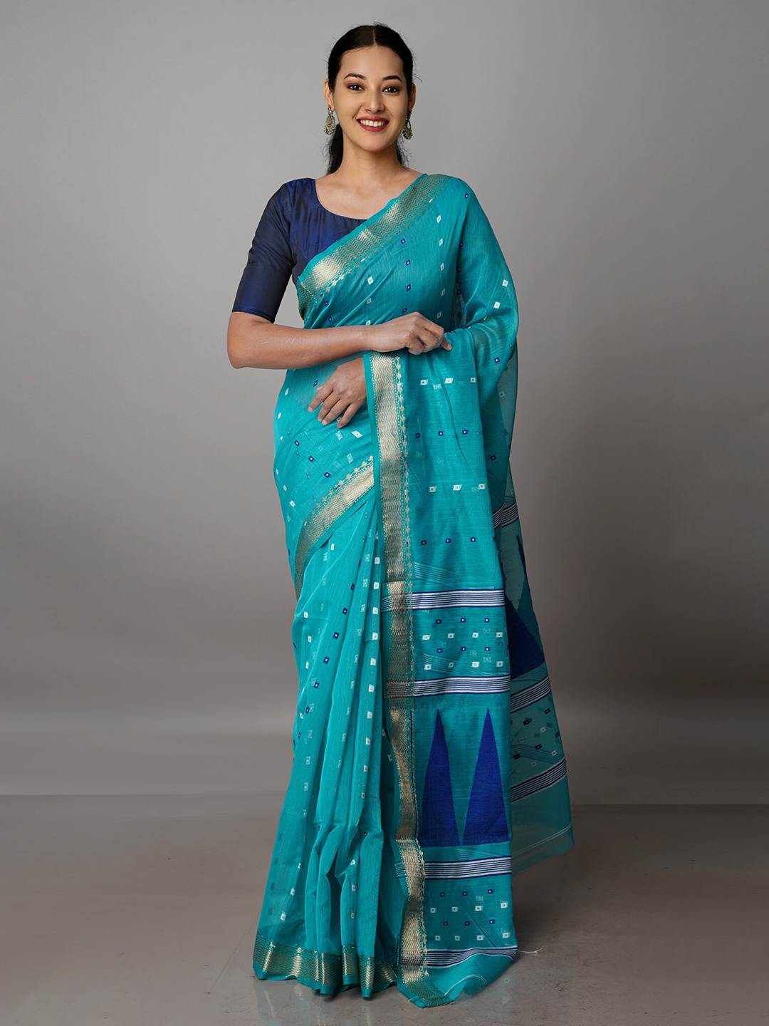 

Unnati Silks Woven Design Zari Silk Cotton Handloom Jamdani Saree, Blue