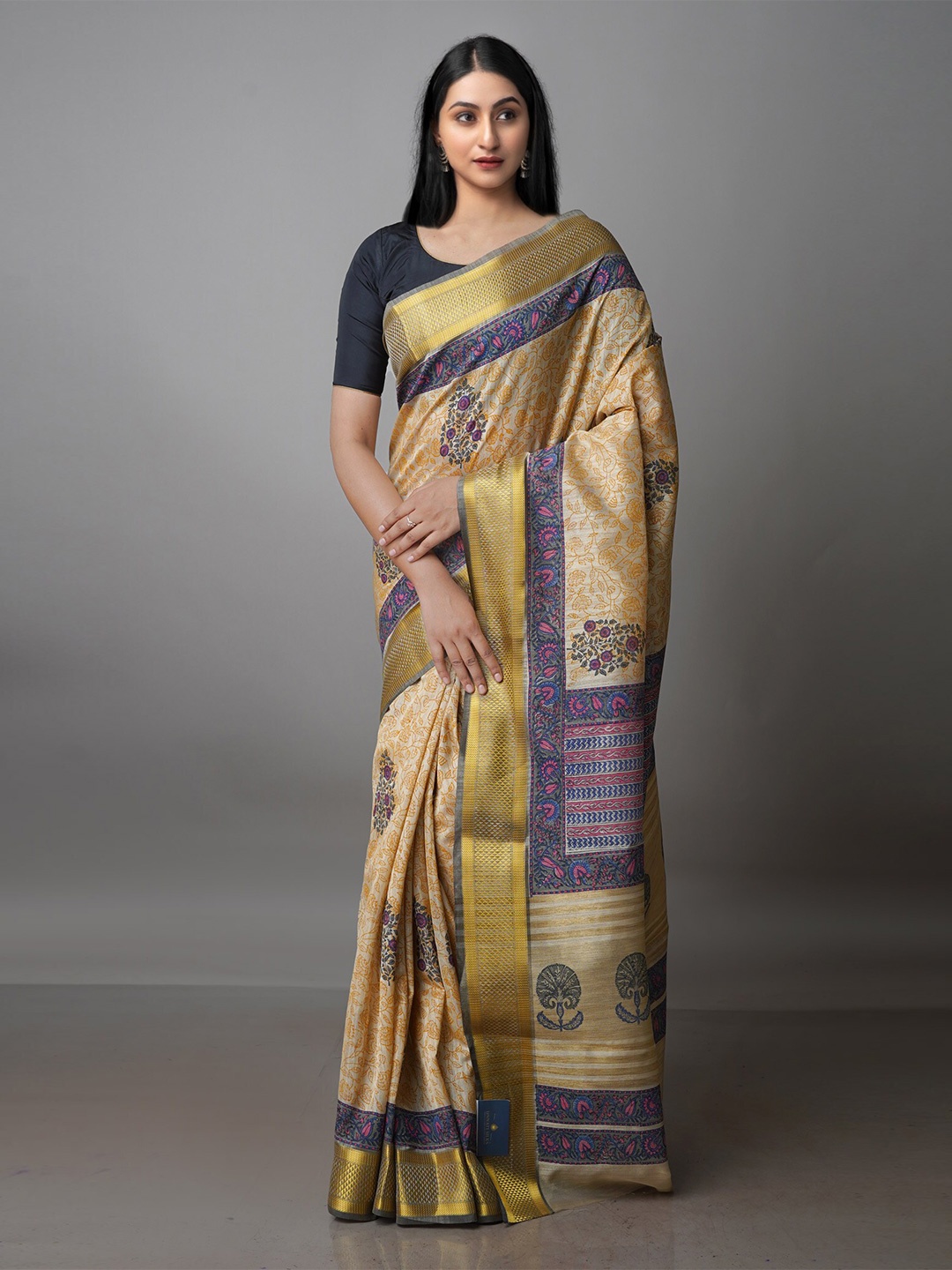 

Unnati Silks Ethnic Motifs Zari Pure Silk Handloom Tussar Saree, Cream