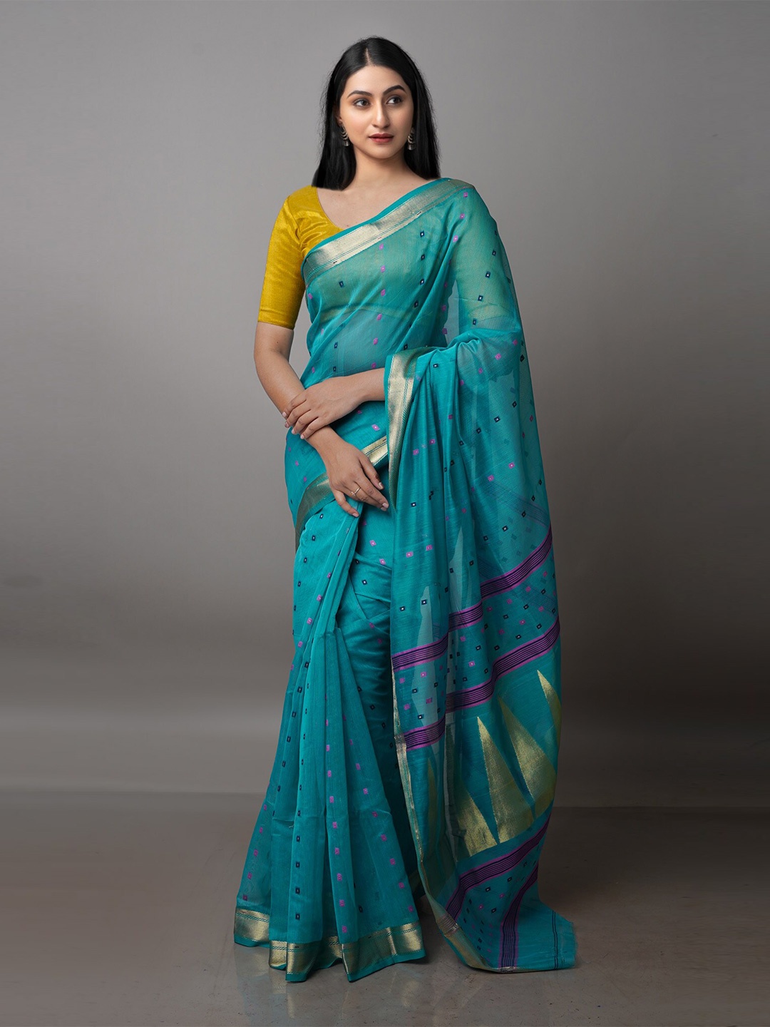 

Unnati Silks Woven Design Zari Silk Cotton Jamdani Saree, Blue