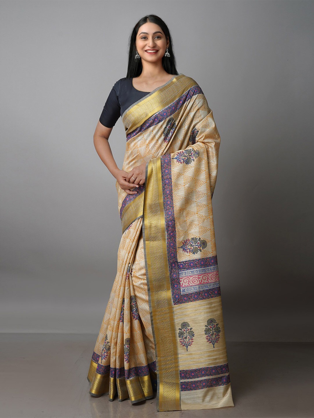 

Unnati Silks Ethnic Motifs Zari Pure Silk Handloom Tussar Saree, Cream