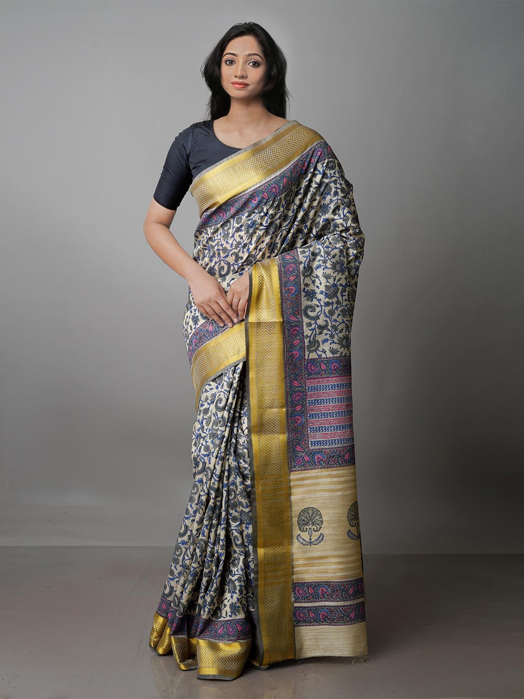 

Unnati Silks Ethnic Motifs Zari Pure Silk Handloom Tussar Saree, Cream