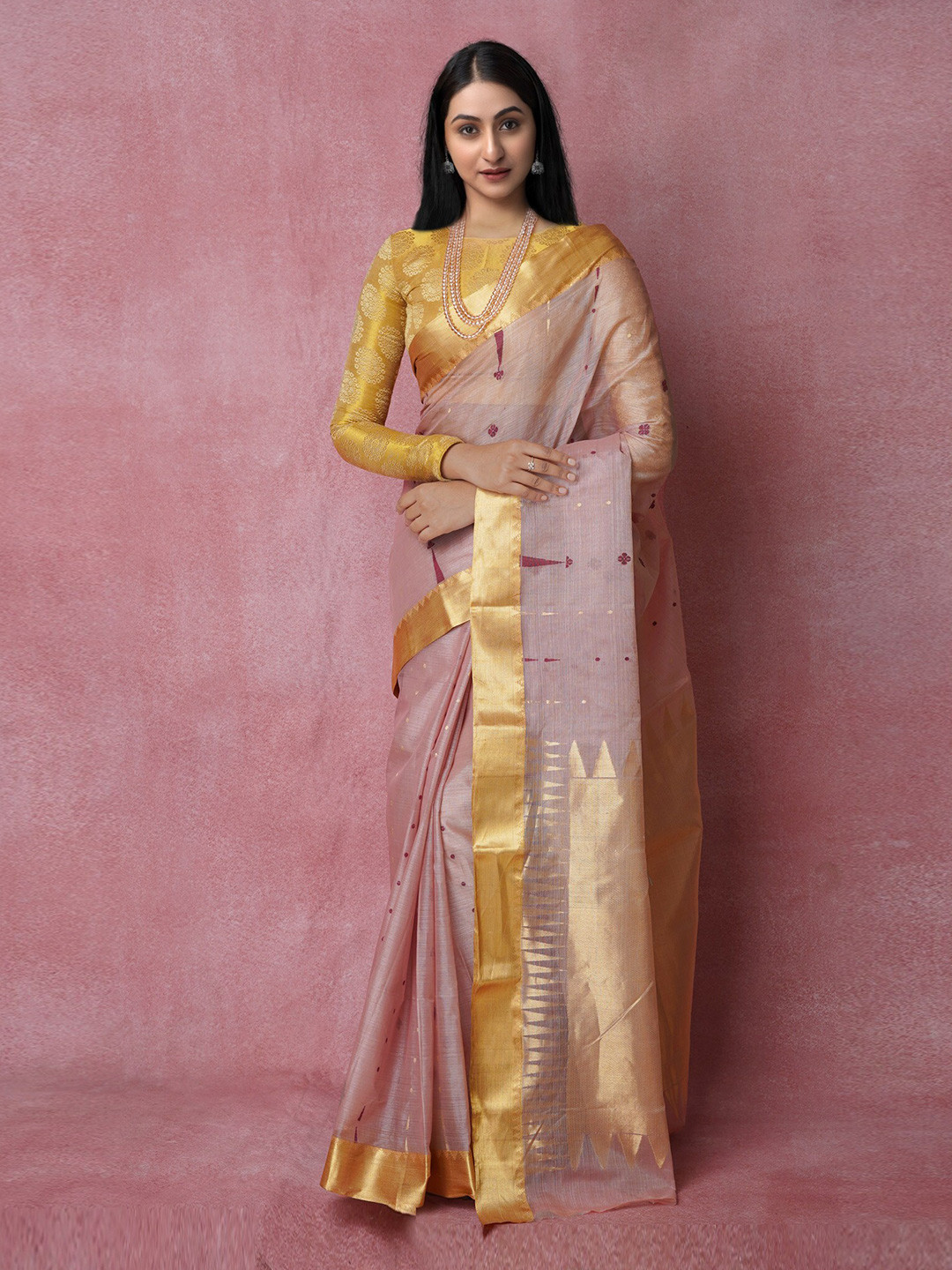 

Unnati Silks Woven Design Zari Pure Cotton Handloom Jamdani Saree, Pink